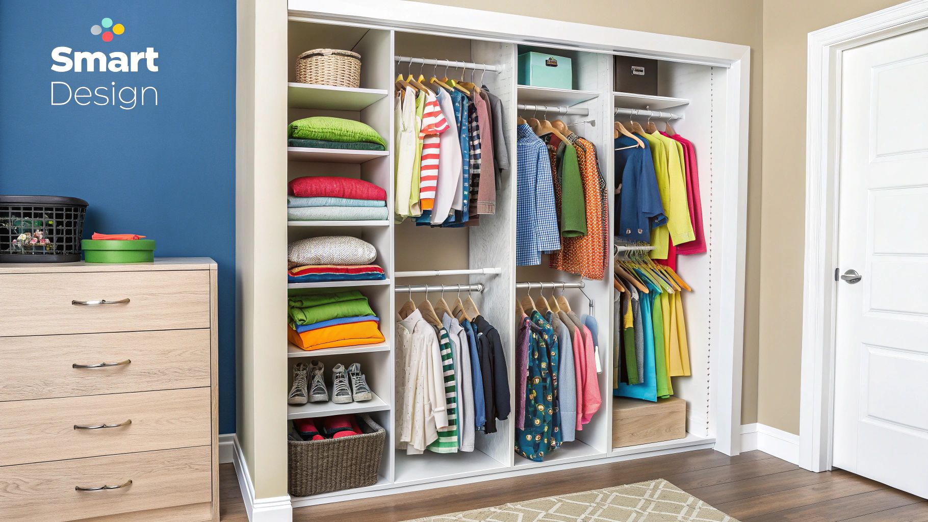 A neatly organized child's closet with double hanging rods, bins, and space-saving hangers.
