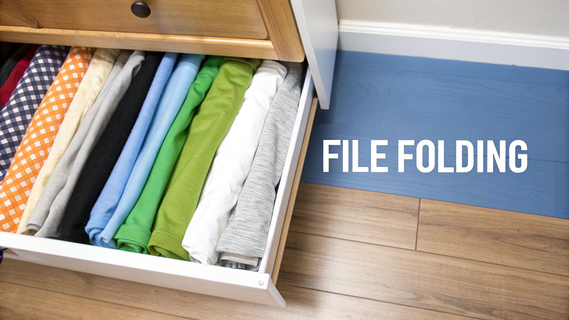 A neatly folded stack of sweaters and t-shirts on a white surface, showcasing organized laundry.