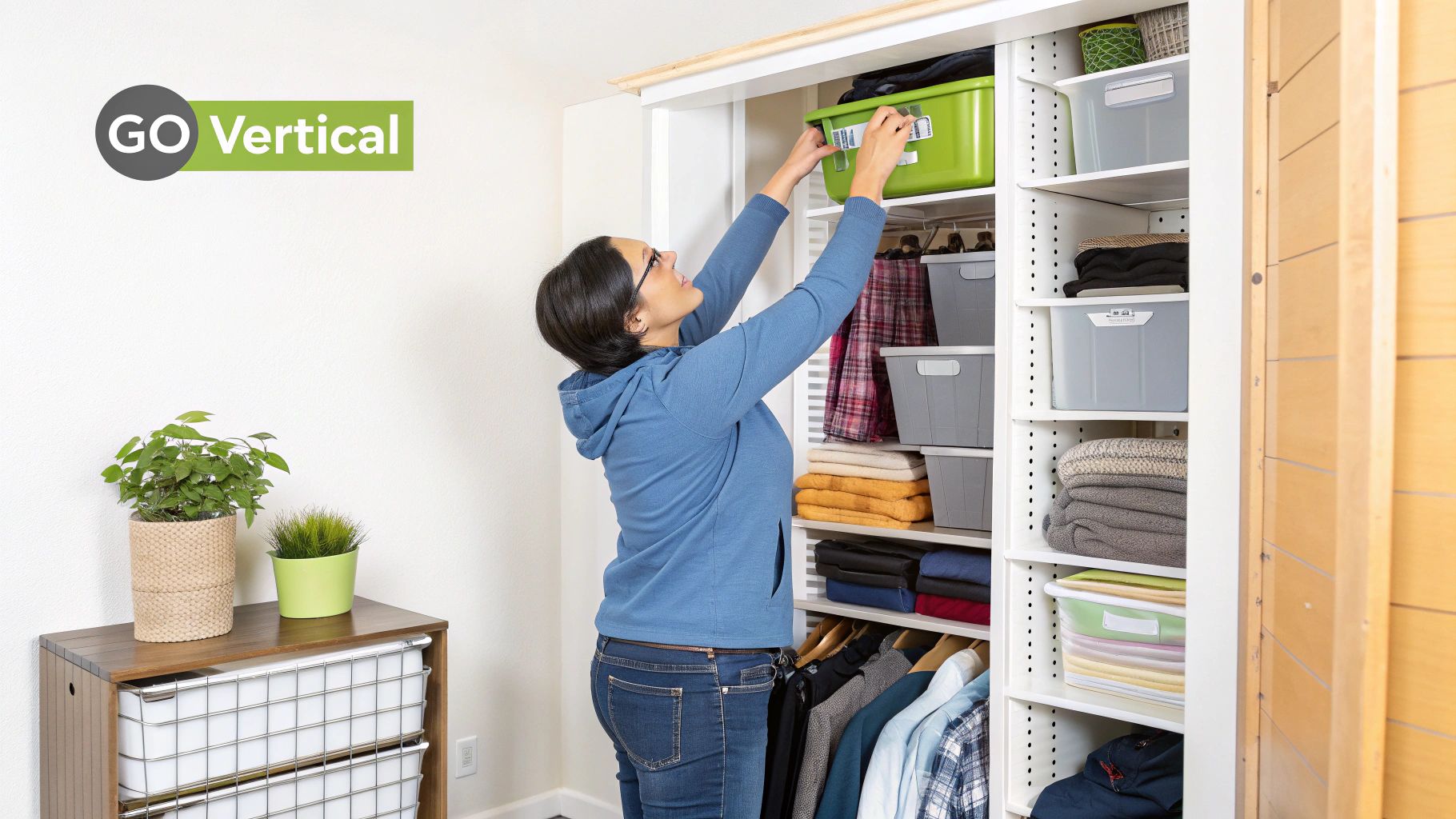 A person installing a high shelf in a small closet, with tools nearby and other organizers waiting to be placed.