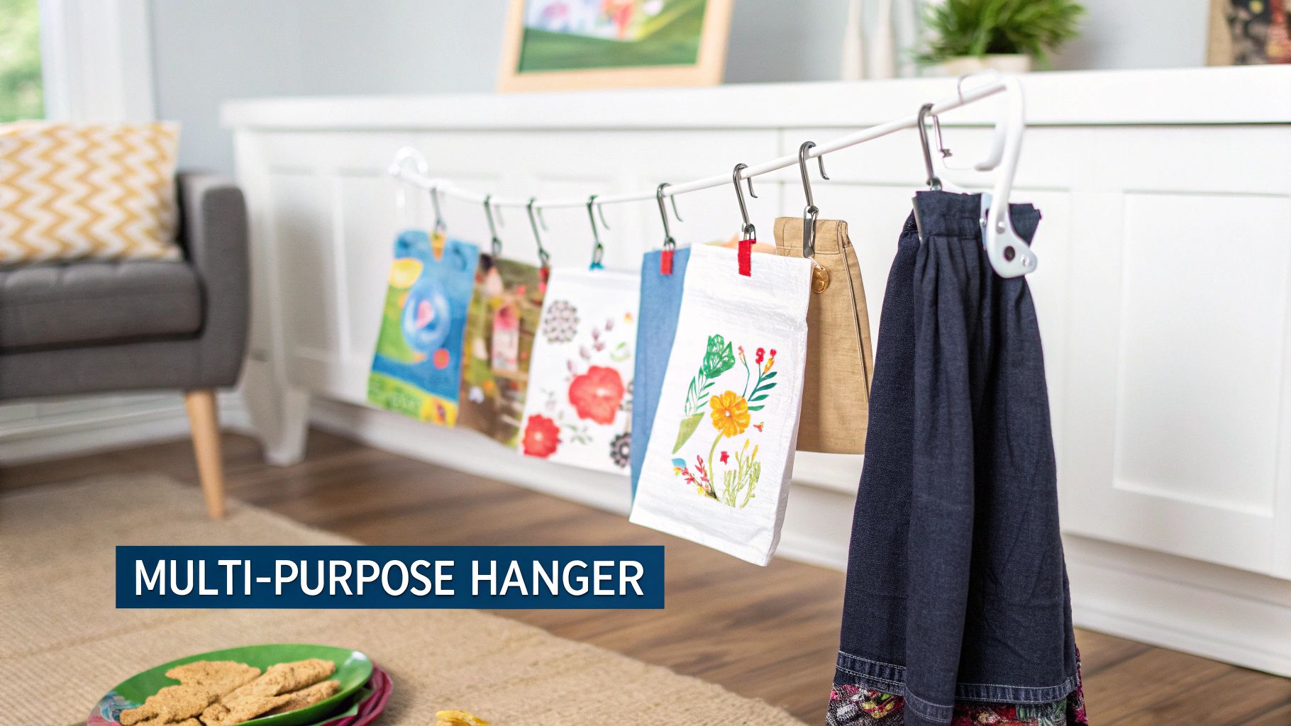 A white multi-purpose hanger with hooks holds various patterned kitchen towels, a pouch, and a denim skirt.