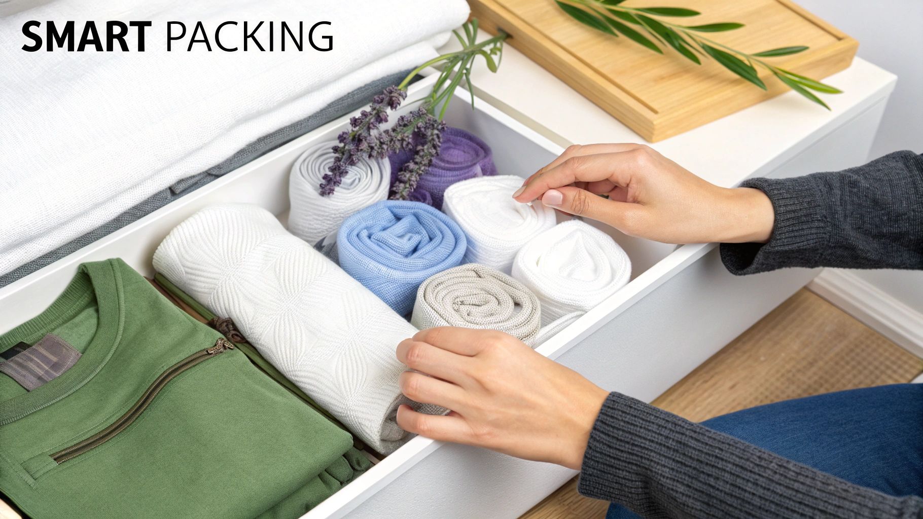 Hands organizing neatly rolled shirts and a green sweater in a white dresser drawer.