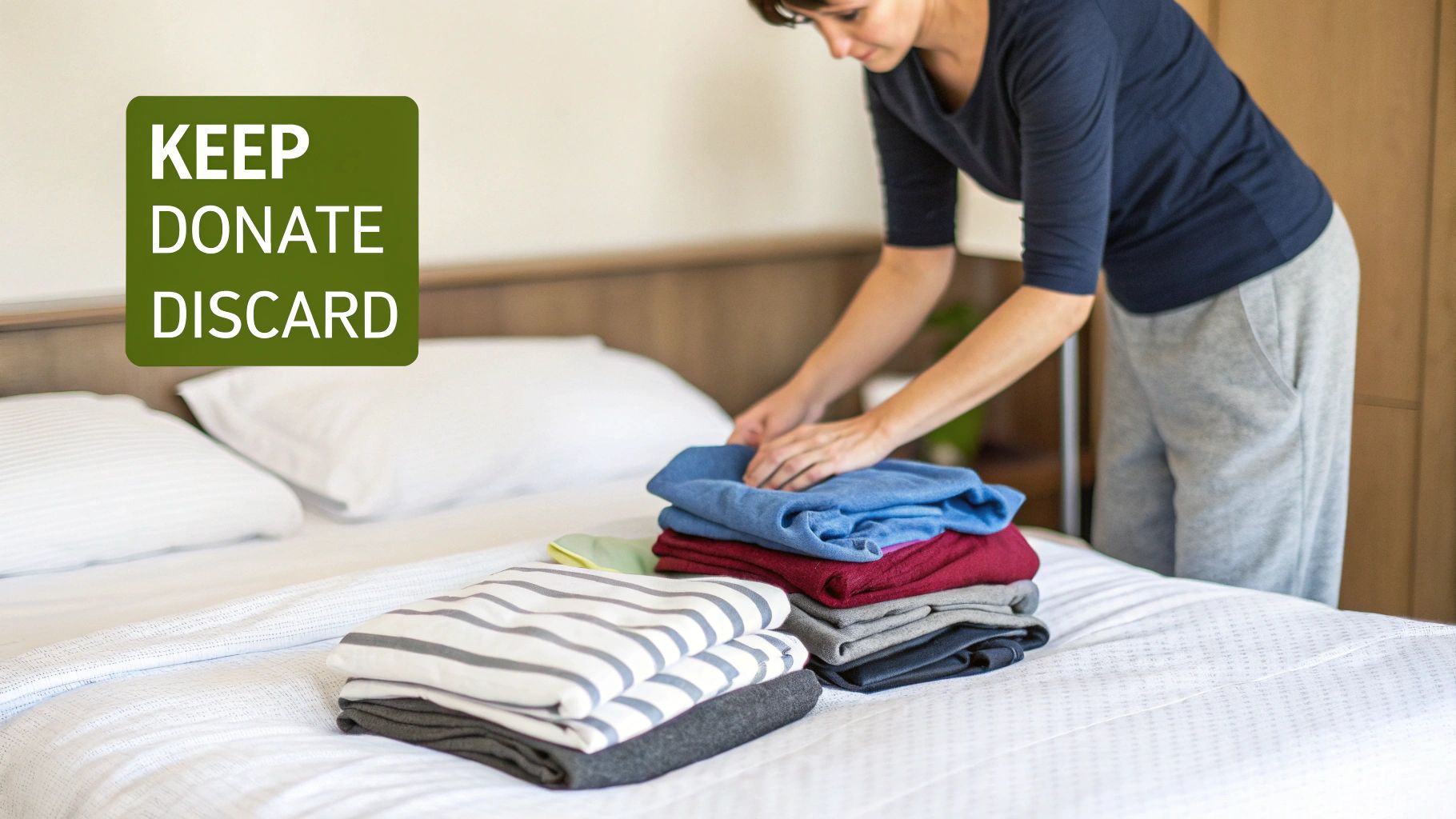 A person stands in front of their closet, holding a shirt and deciding whether to keep or discard it.