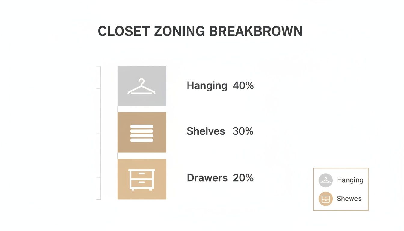 A closet zoning breakdown chart showing storage percentages for hanging (40%), shelves (30%), and drawers (20%).