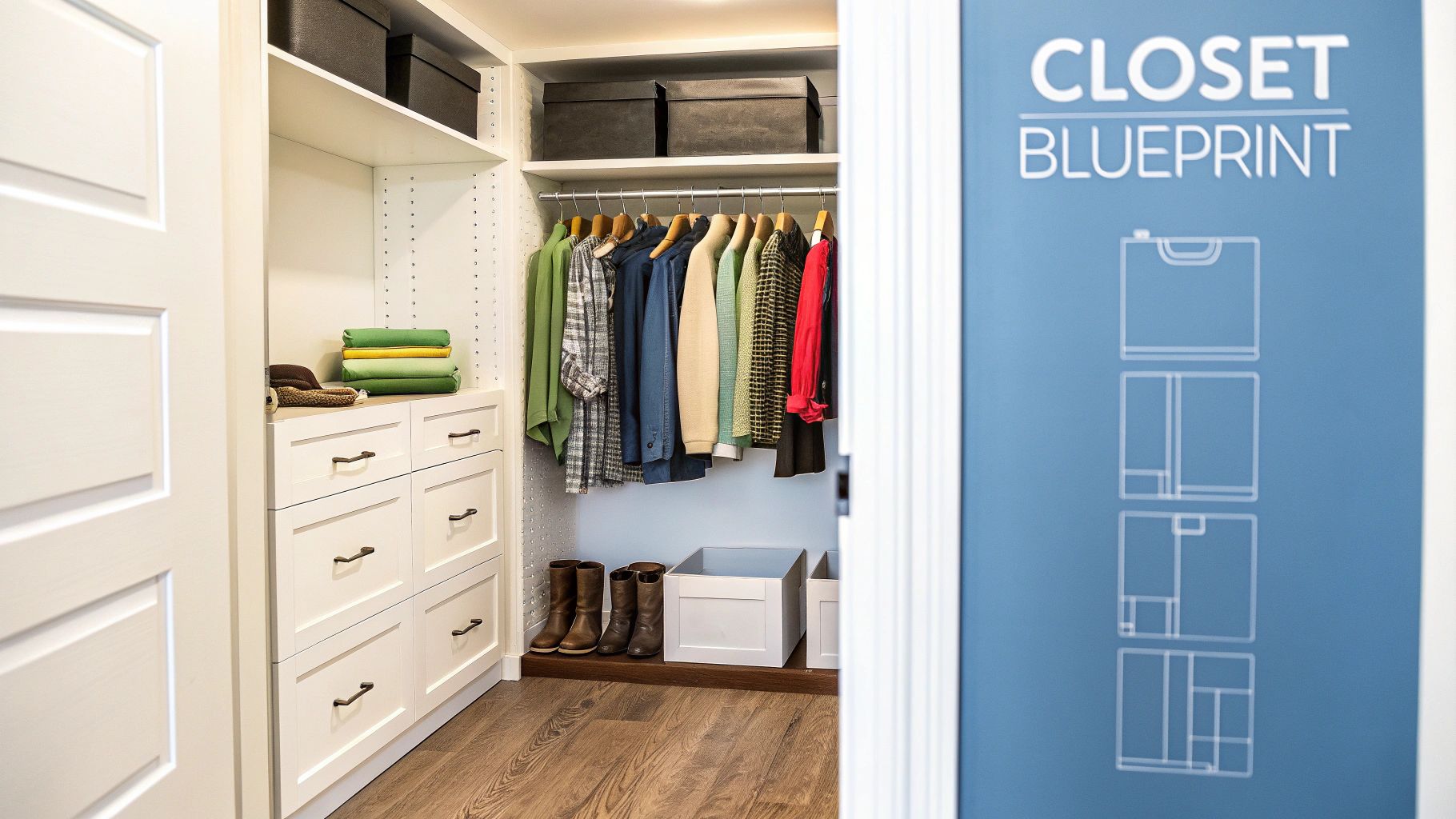 A modern, well-organized walk-in closet with hanging clothes, shelves, drawers, boots, and a "CLOSET BLUEPRINT" sign.
