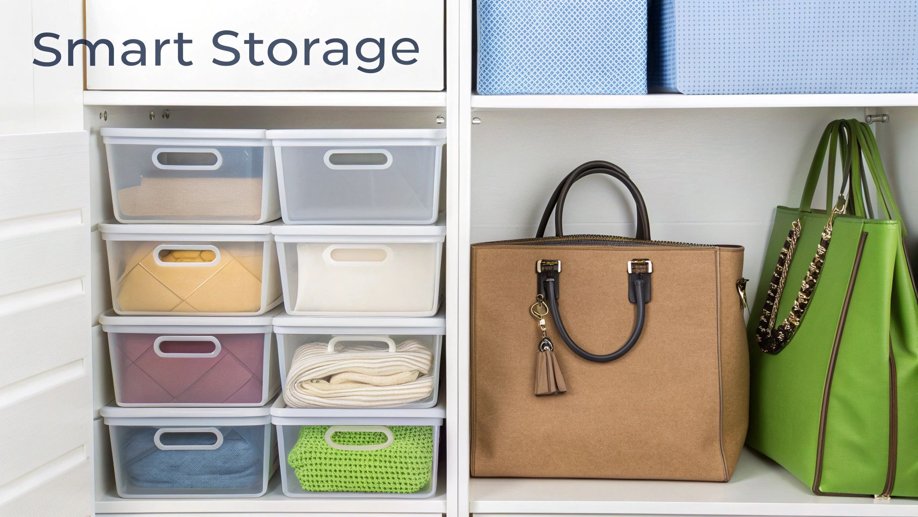 A neatly organized closet with clear bins on shelves and drawers with dividers.