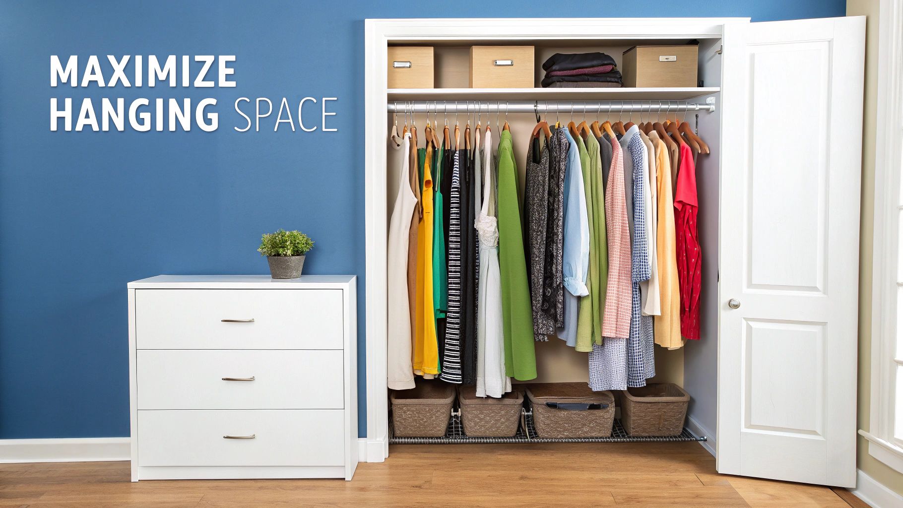 An open closet showing a hanging rod full of colorful clothes, storage boxes, and baskets.