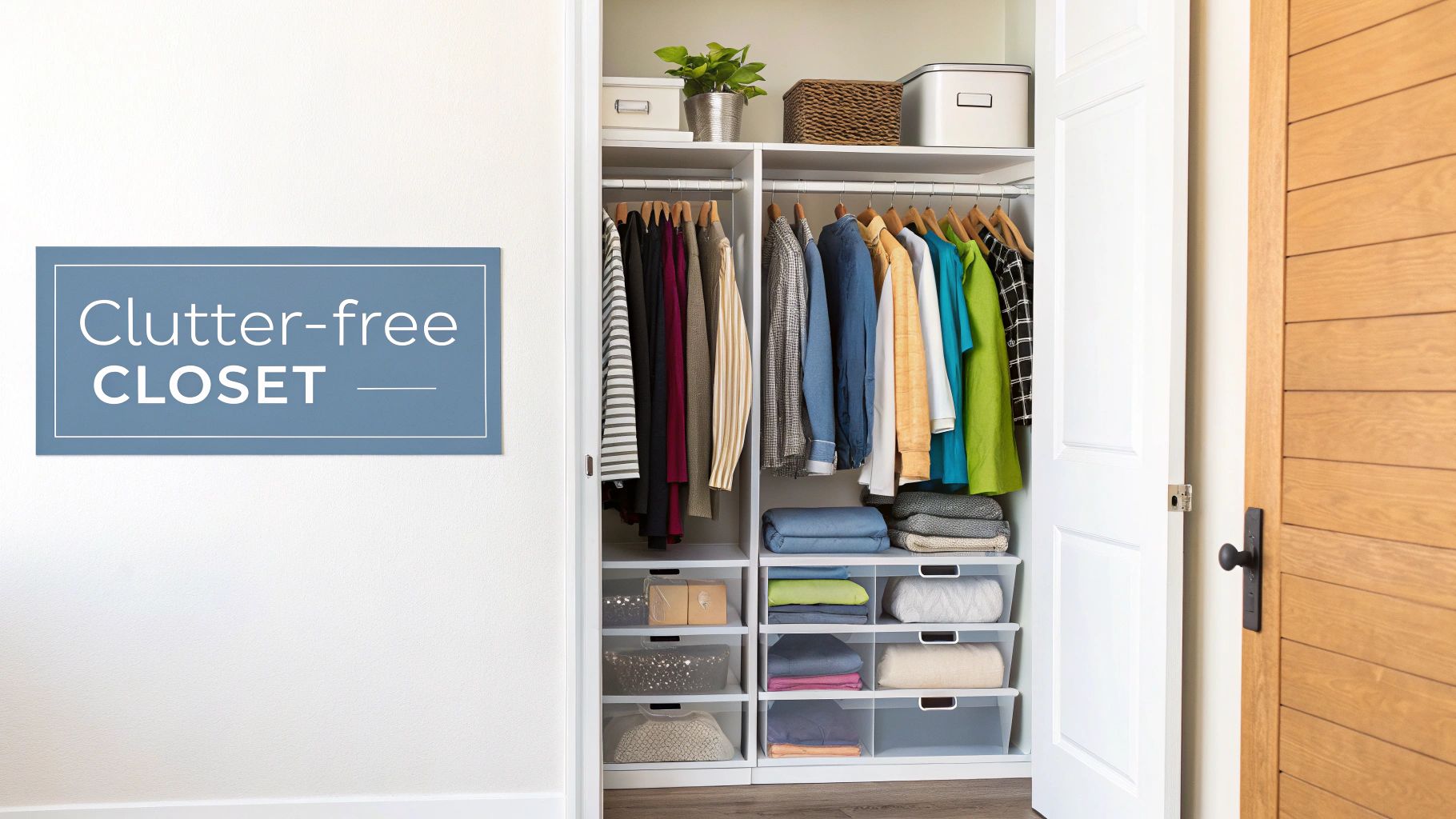 A neatly organized closet system featuring clothes on hangers, folded garments, and clear storage bins.