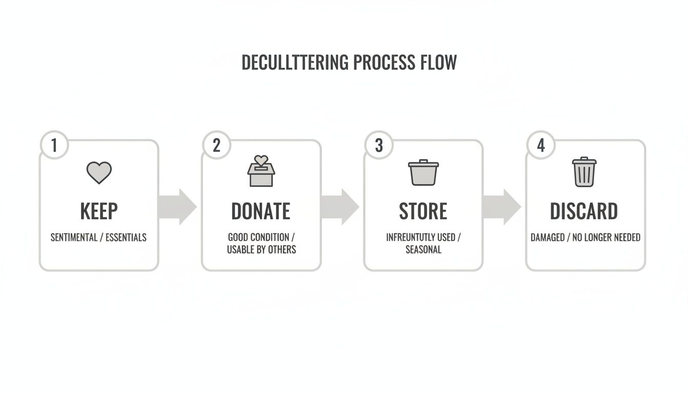 A decluttering process flow diagram showing four steps: Keep, Donate, Store, and Discard.