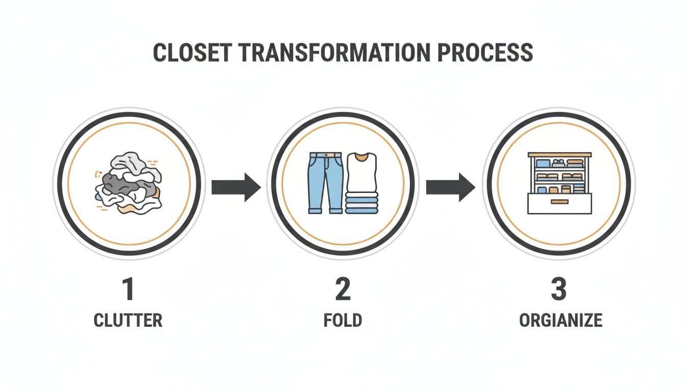 A three-step visual process illustrating closet transformation from clutter to neatly folded and organized clothes.