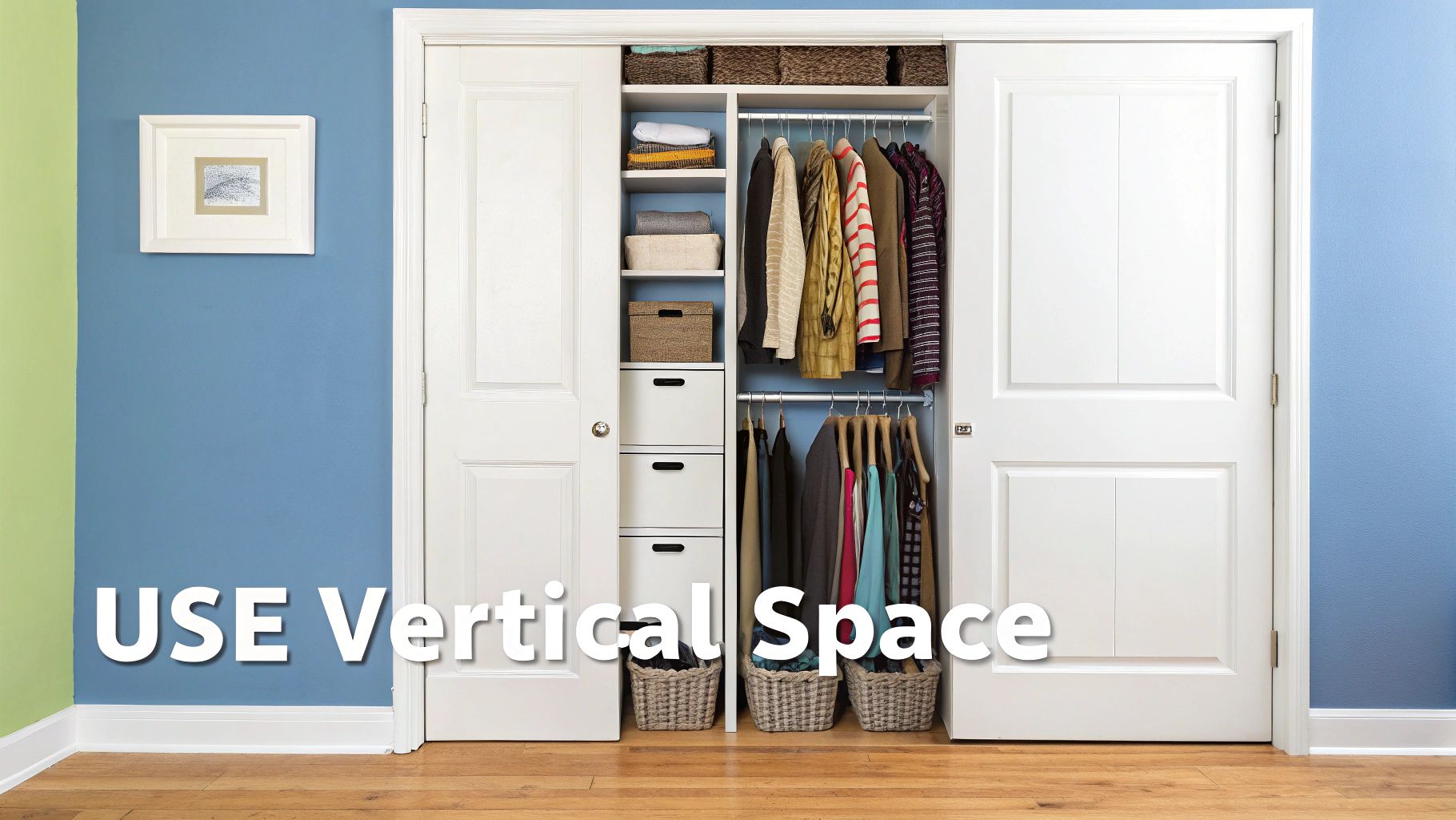 An organized closet maximizing vertical space with shelves, drawers, hanging clothes, and storage baskets.