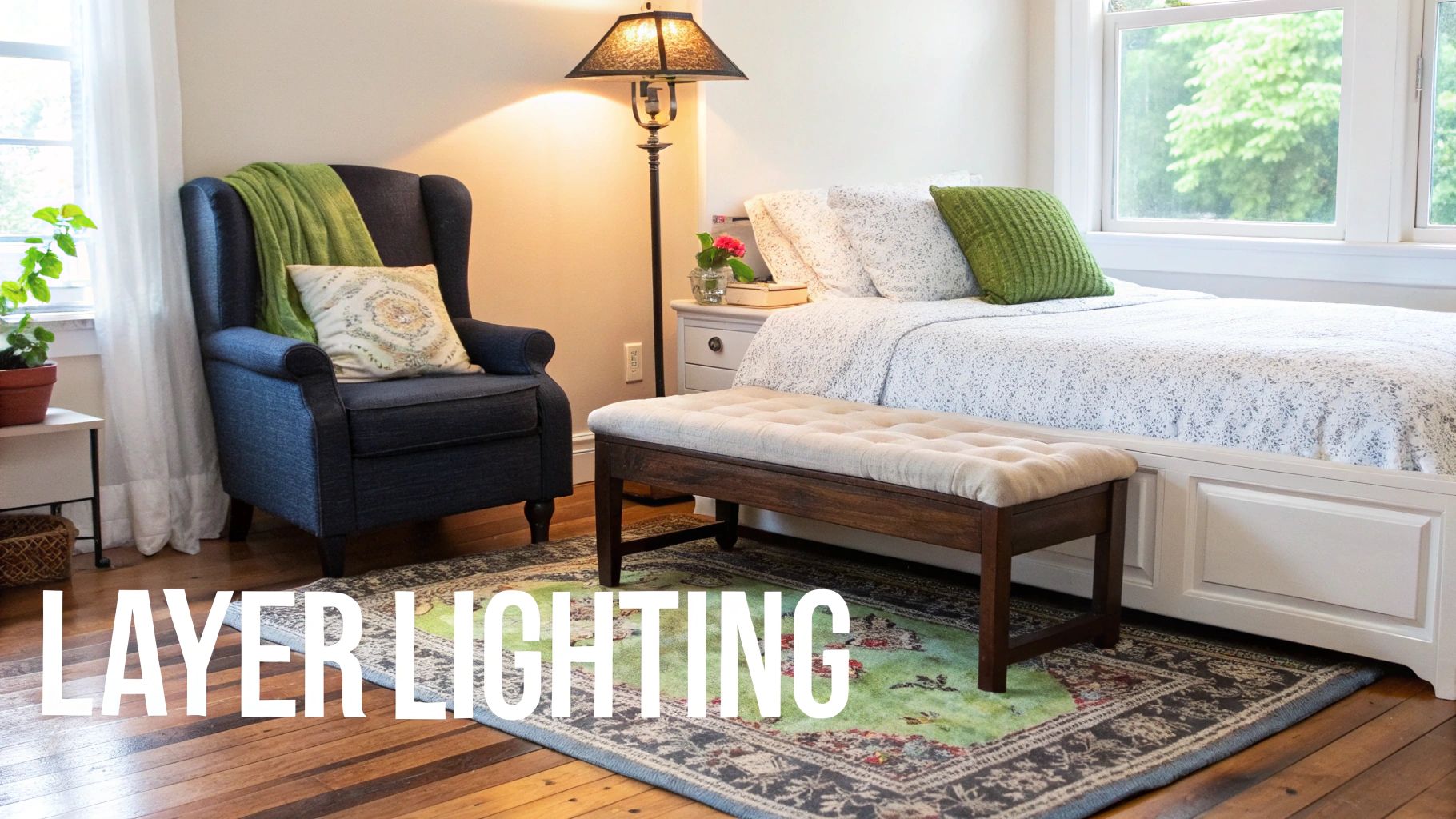 A cozy bedroom with a blue armchair, floor lamp, bed, and bench, showcasing layered lighting.