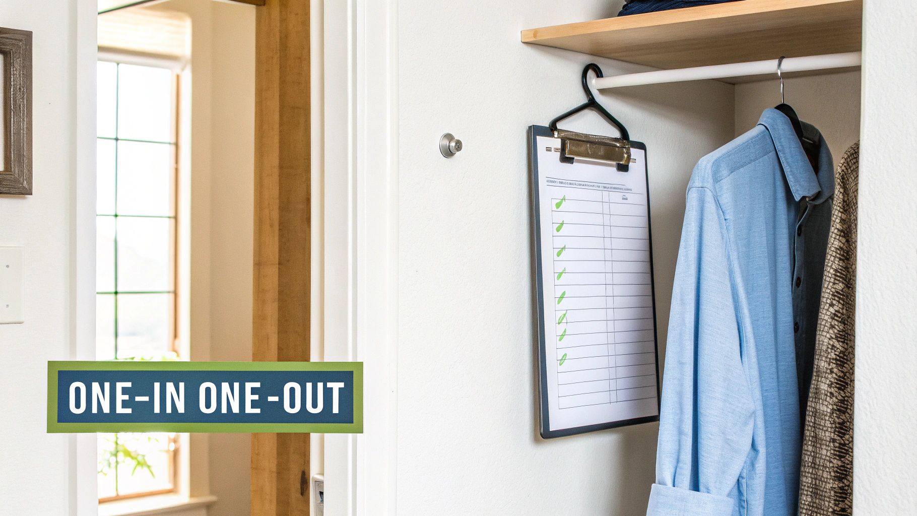 A person admiring their neatly organized closet, showcasing sustainable habits in action.