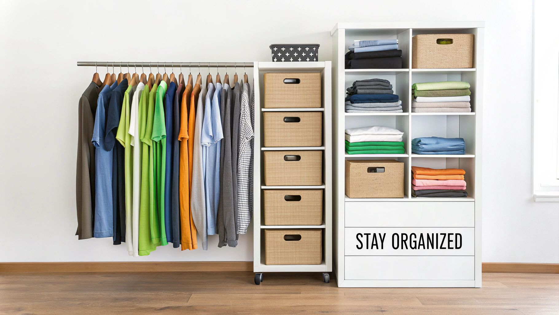 A stylish garment rack with neatly organized clothes and matching hangers.