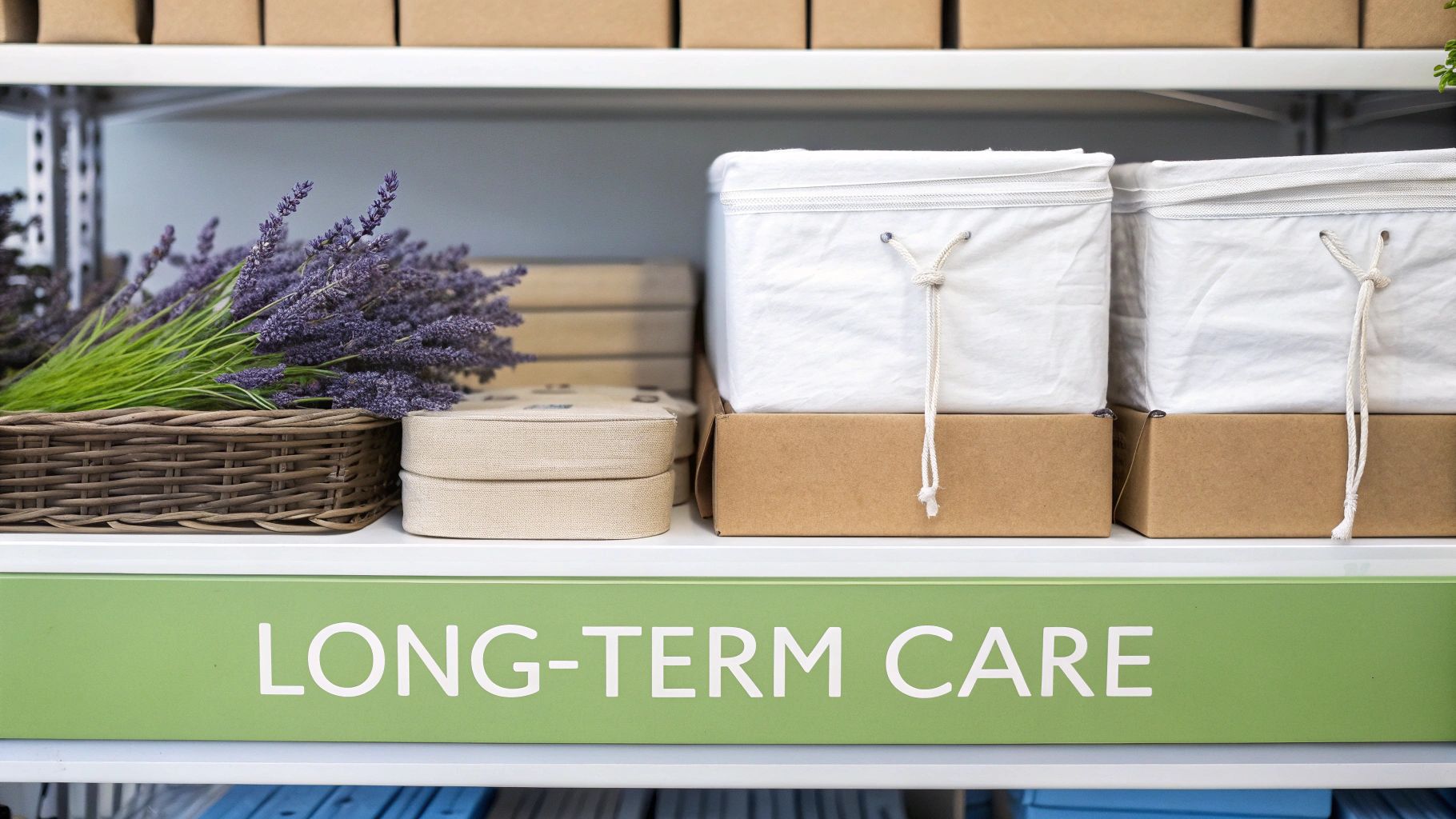 A shelf displaying organized items like lavender in a basket, fabric boxes, and white storage bags with a 'LONG-TERM CARE' label.