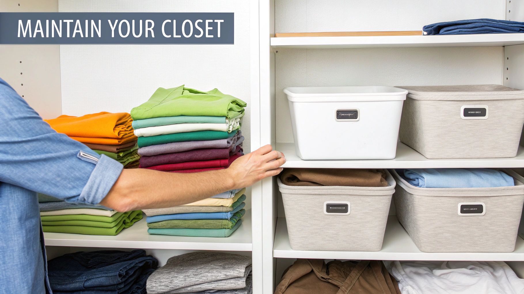 A person organizing a well-maintained closet with neatly folded clothes and storage bins on shelves.