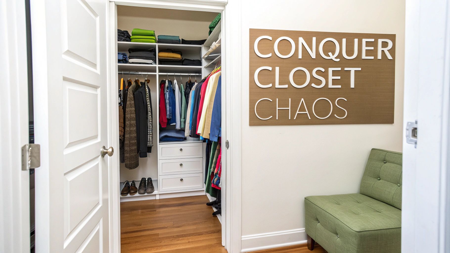 Well-organized walk-in closet with shelves, hanging clothes, drawers, and a motivational "CONQUER CLOSOET CHAOS" sign.