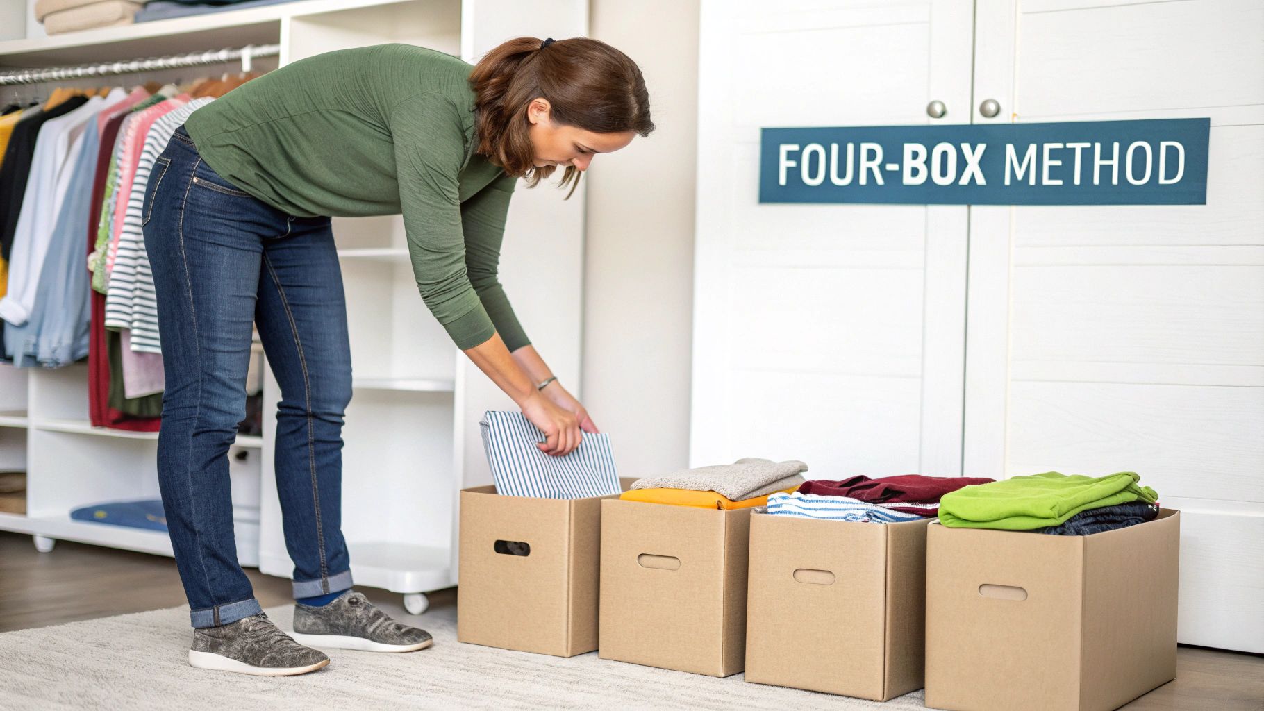 A woman organizing clothes into four cardboard boxes using the Four-Box Method in a closet.