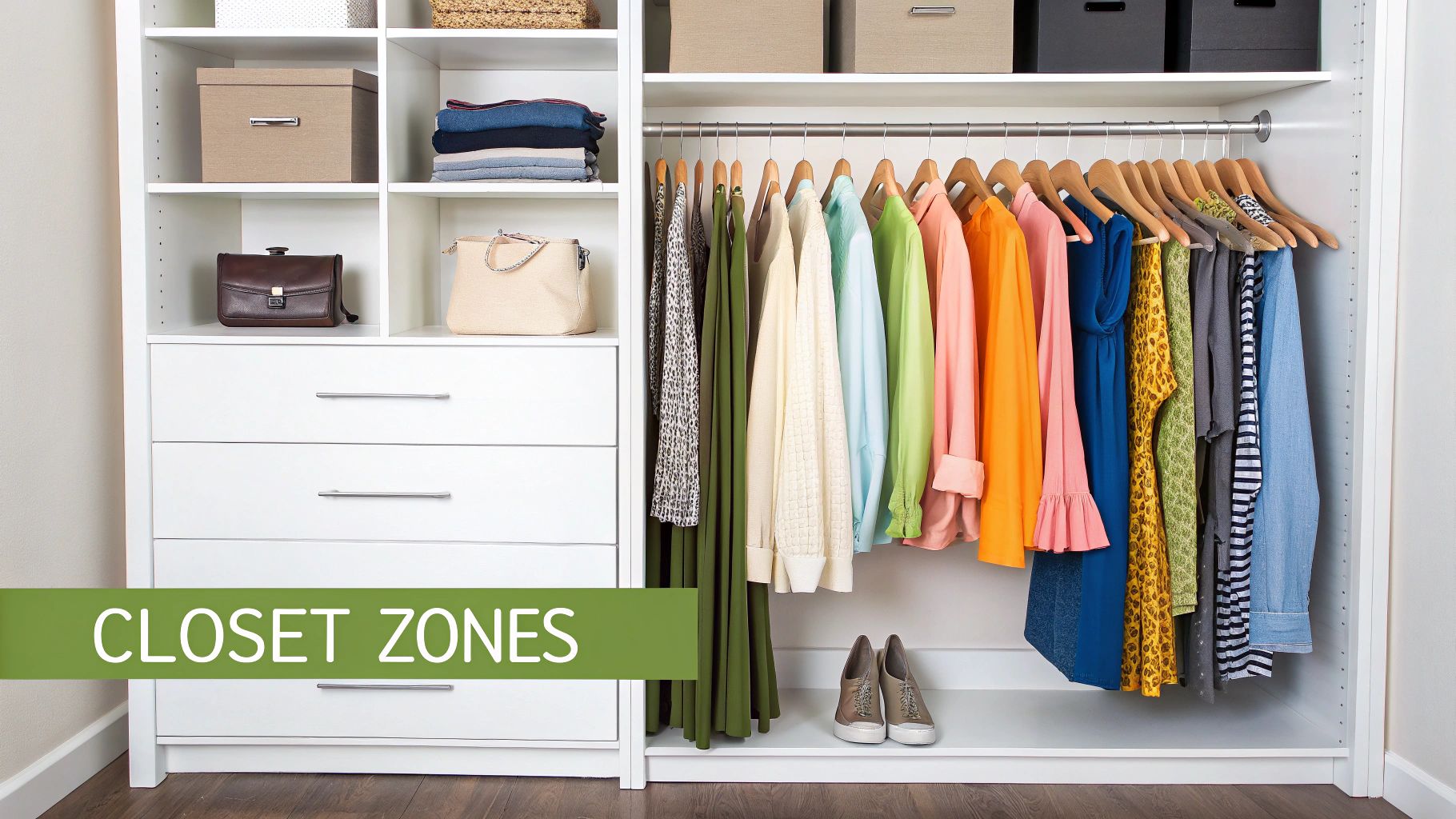 Well-organized closet with a double closet rod system, showcasing zoned clothing and accessories.