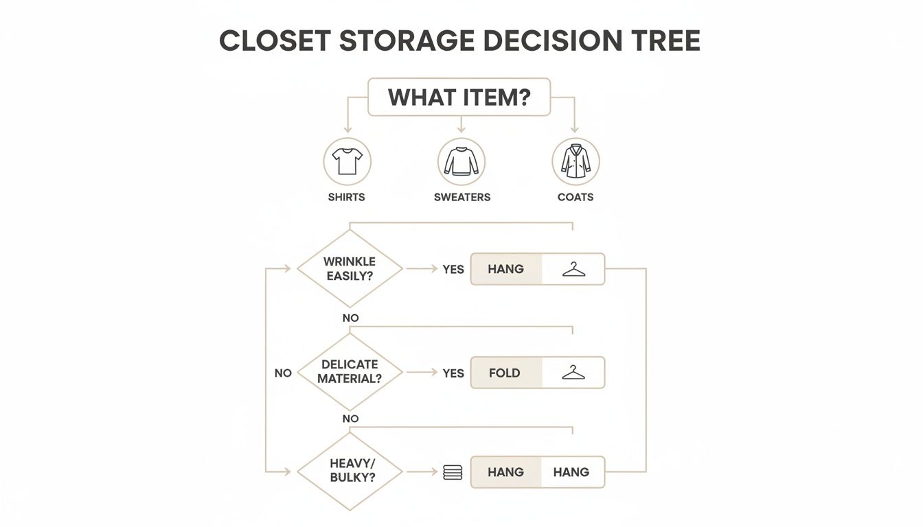 A closet storage decision tree flowchart guides how to store shirts, sweaters, and coats by hanging or folding.