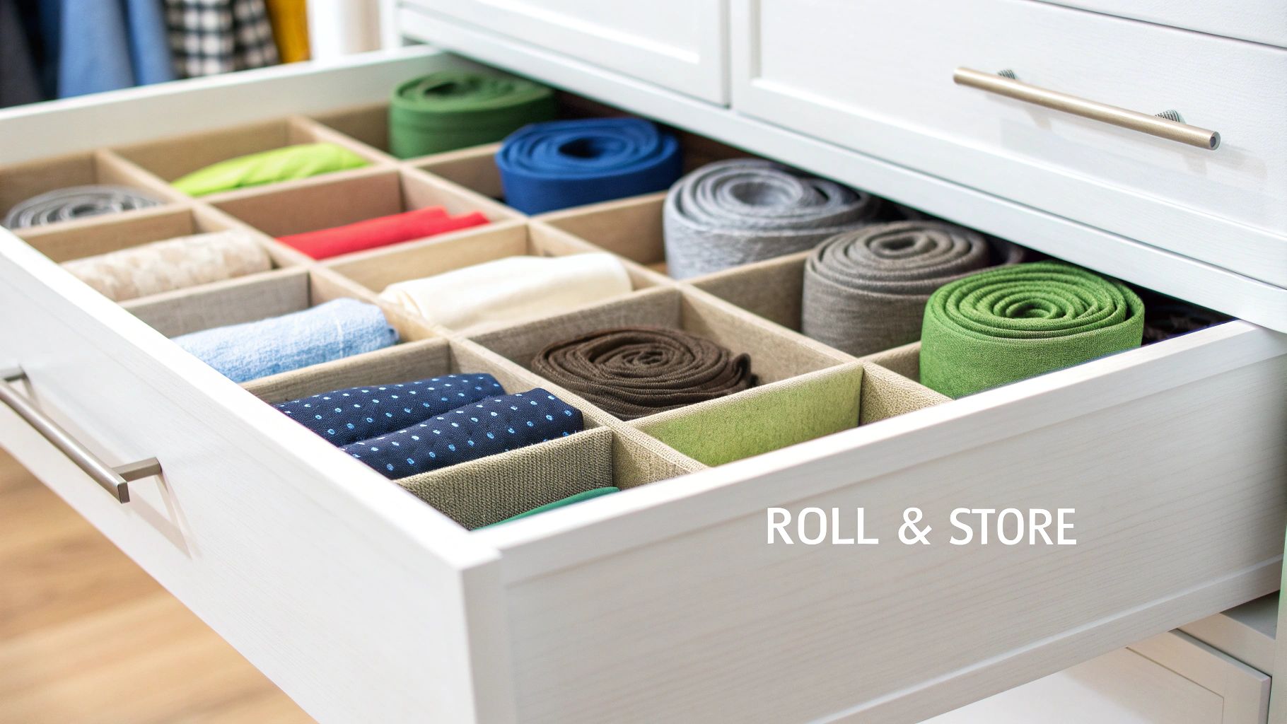 Ties neatly rolled and organized in a drawer with dividers.