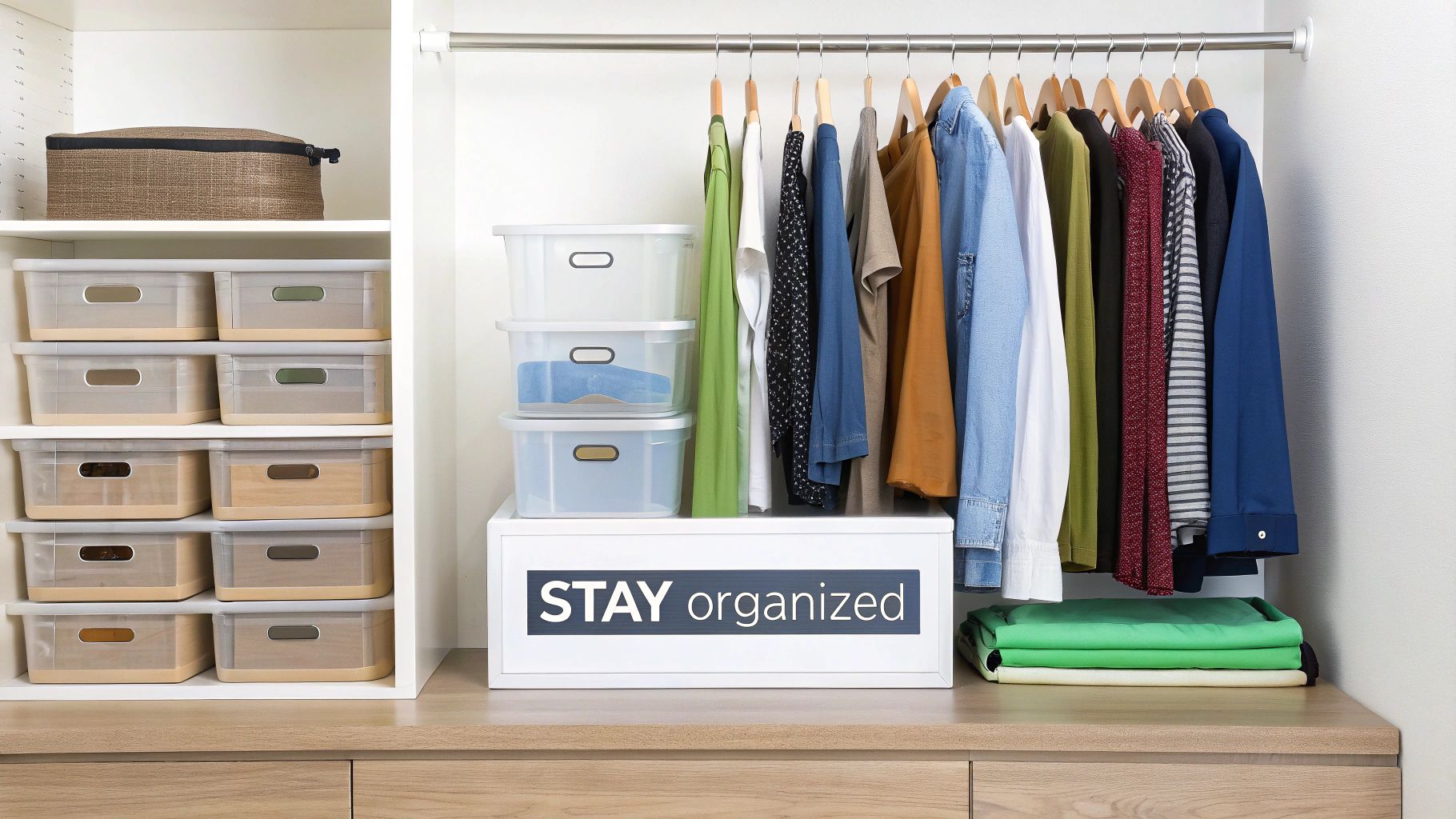 A neatly organized closet featuring clothes hanging on a rail, stackable storage bins, and a 'STAY organized' sign.