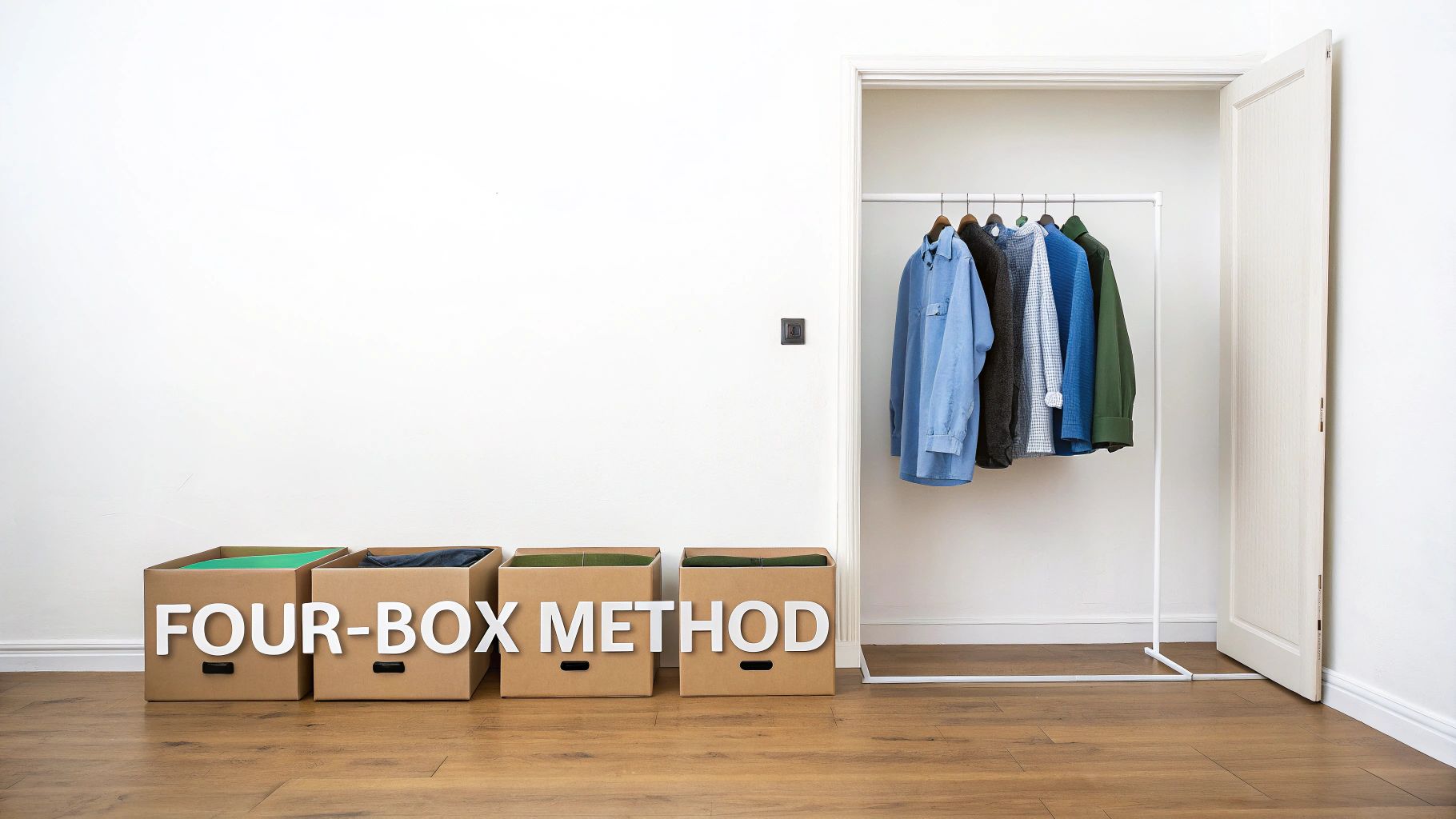 A neatly organized closet with clothes hanging on space-saving hangers and folded neatly on shelves.