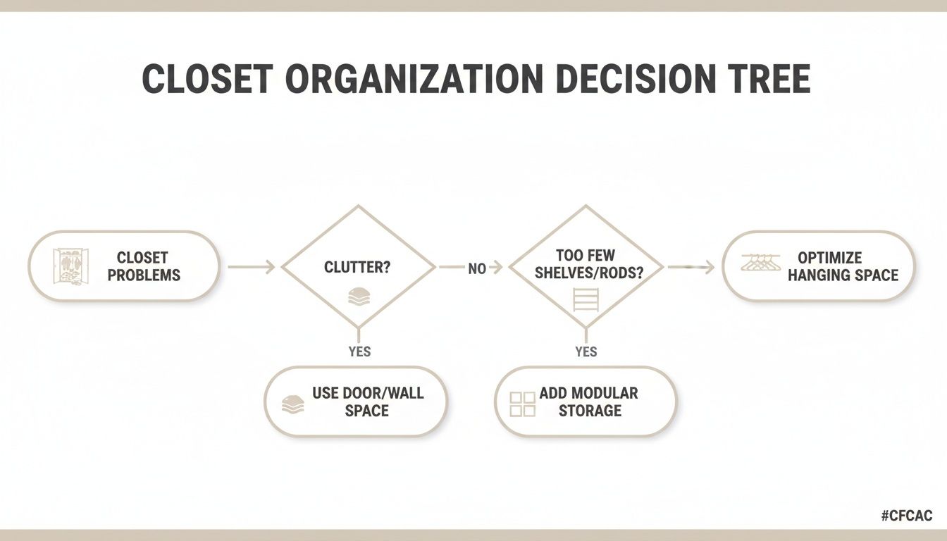 A decision tree flowchart for closet organization, addressing clutter, shelving, and hanging space issues.