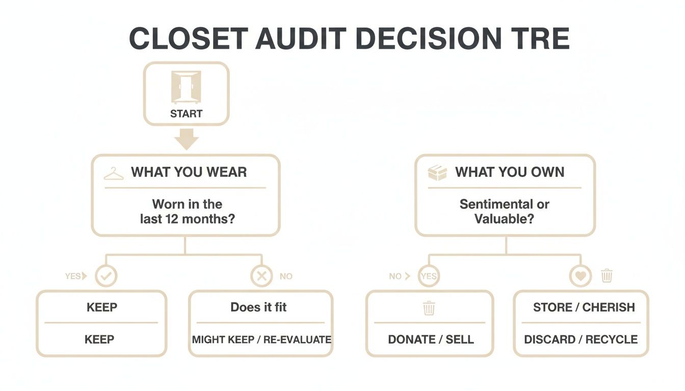 A closet audit decision tree flowchart outlines steps to organize clothes based on wear, fit, and value.