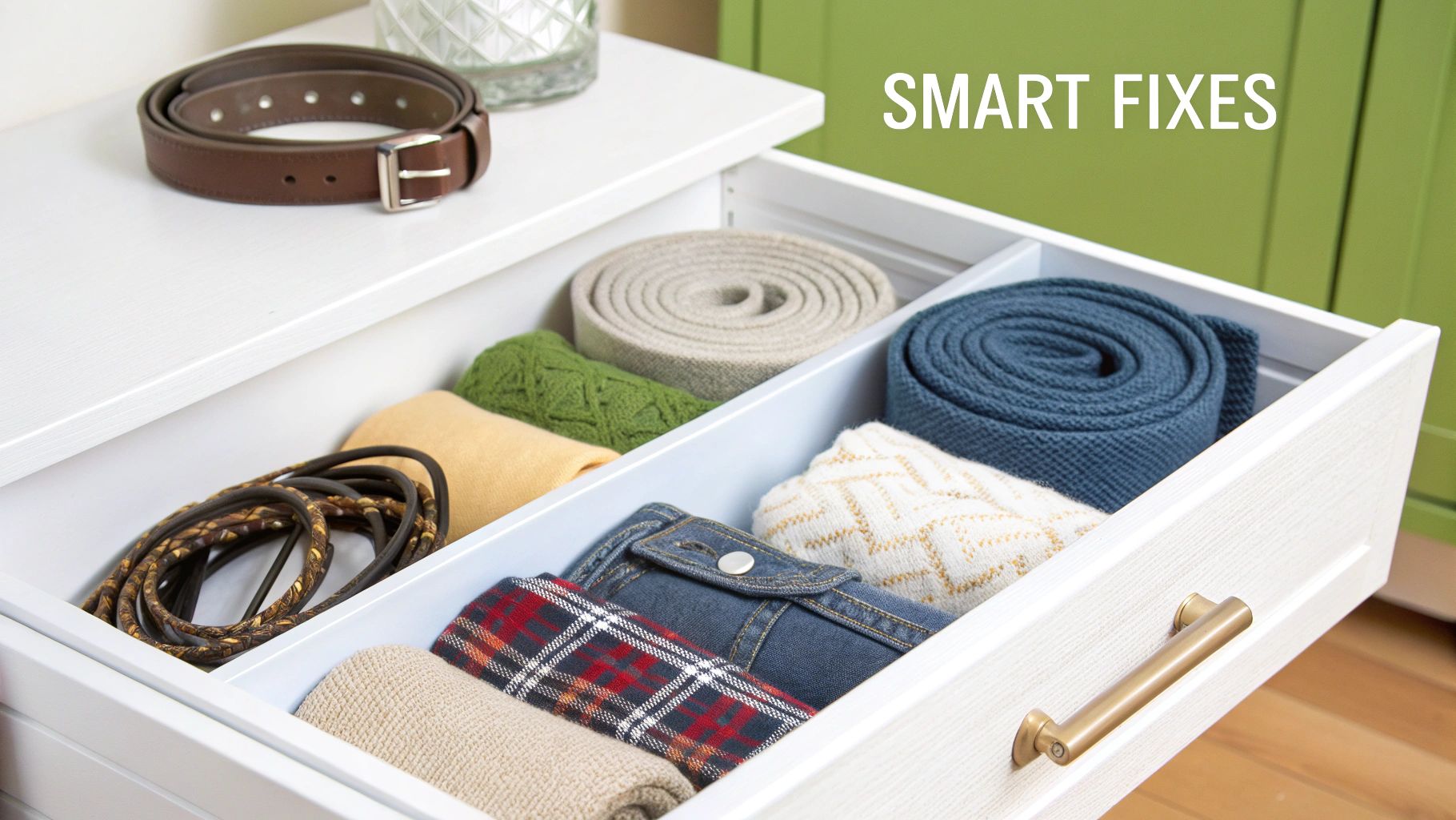 A white drawer with internal dividers, showcasing neatly rolled clothing items, scarves, and belts for smart organization.