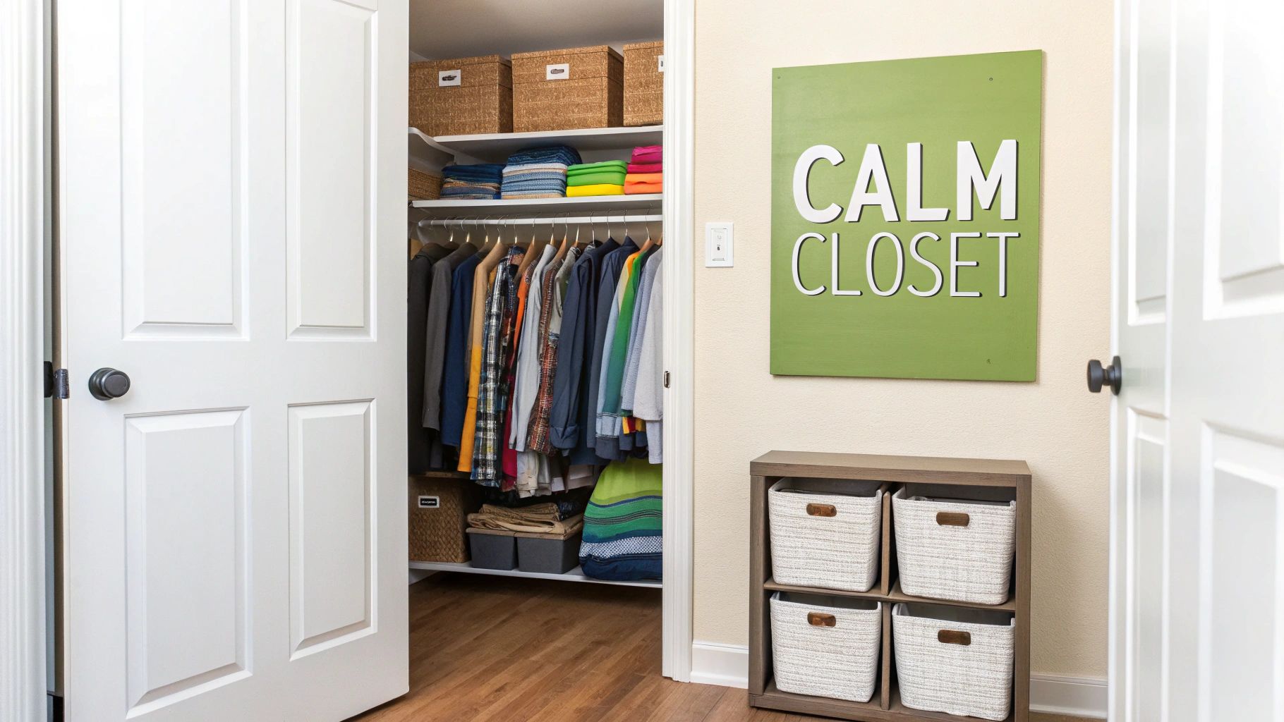 A beautifully organized small closet with clothes neatly hung and folded on shelves.