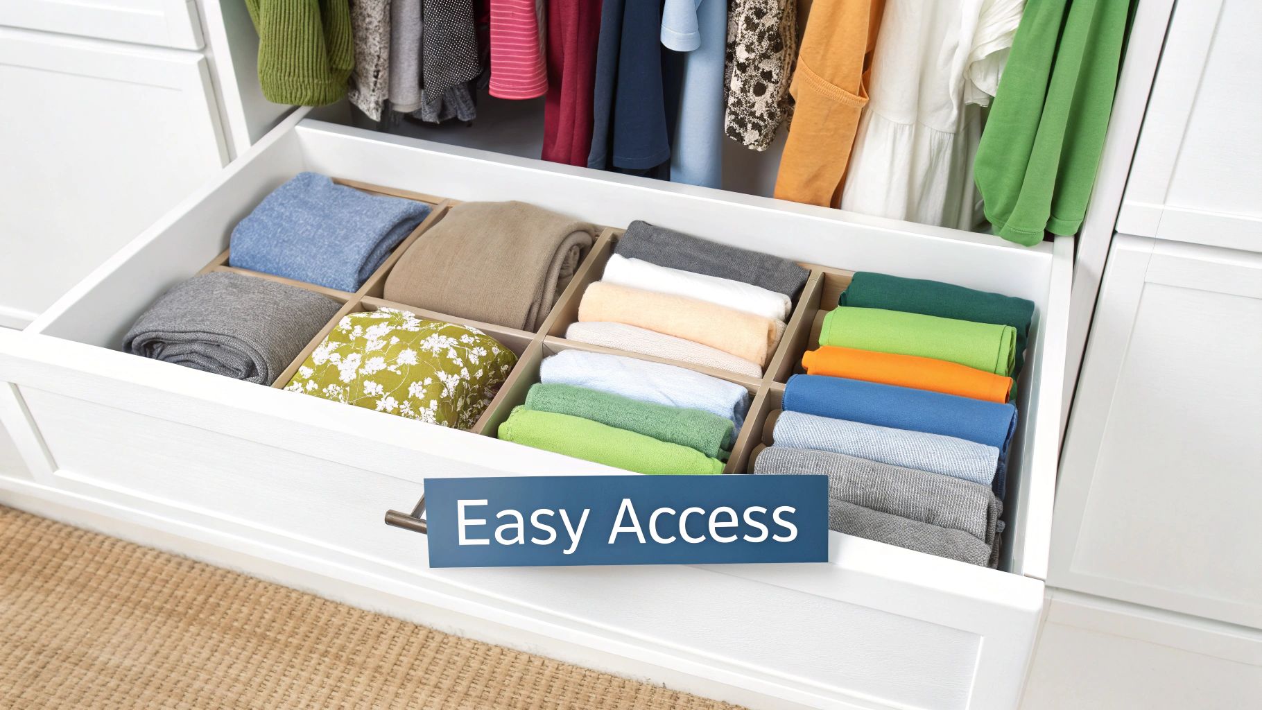 A well-organized closet with clothes arranged by color and type.