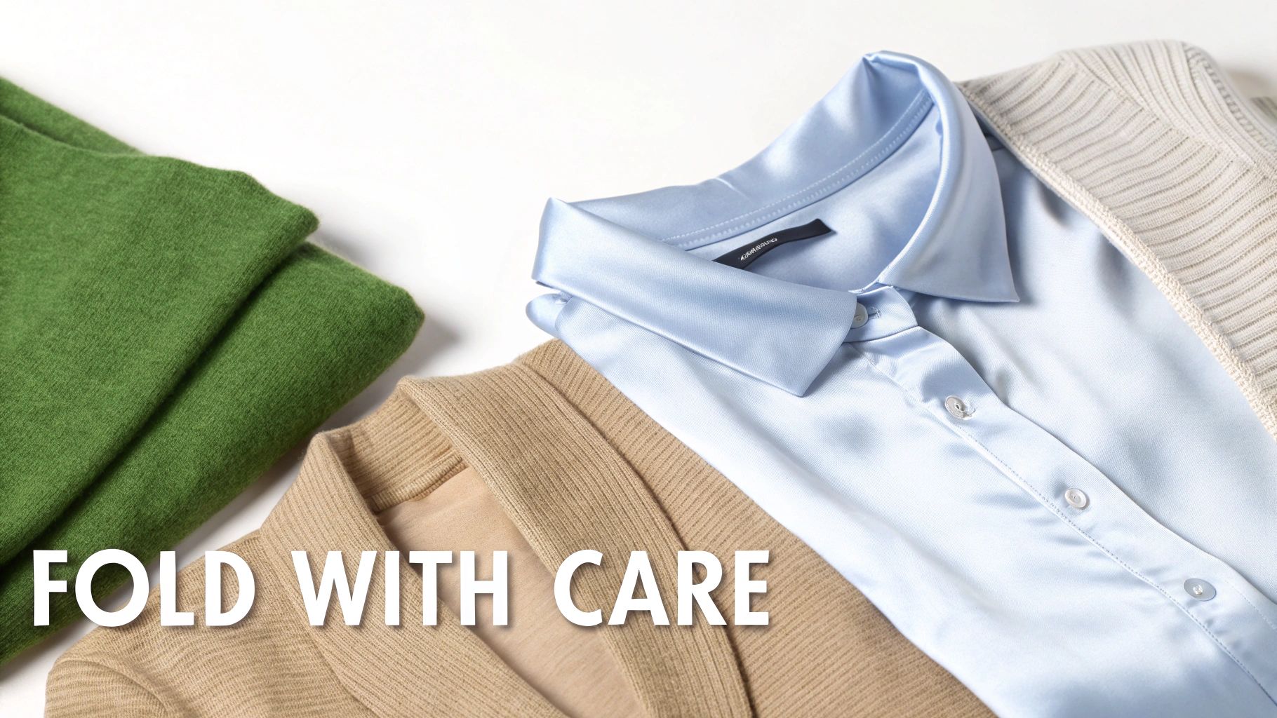 Neatly folded clothes including green sweater, blue shirt and beige pants with fold with care text