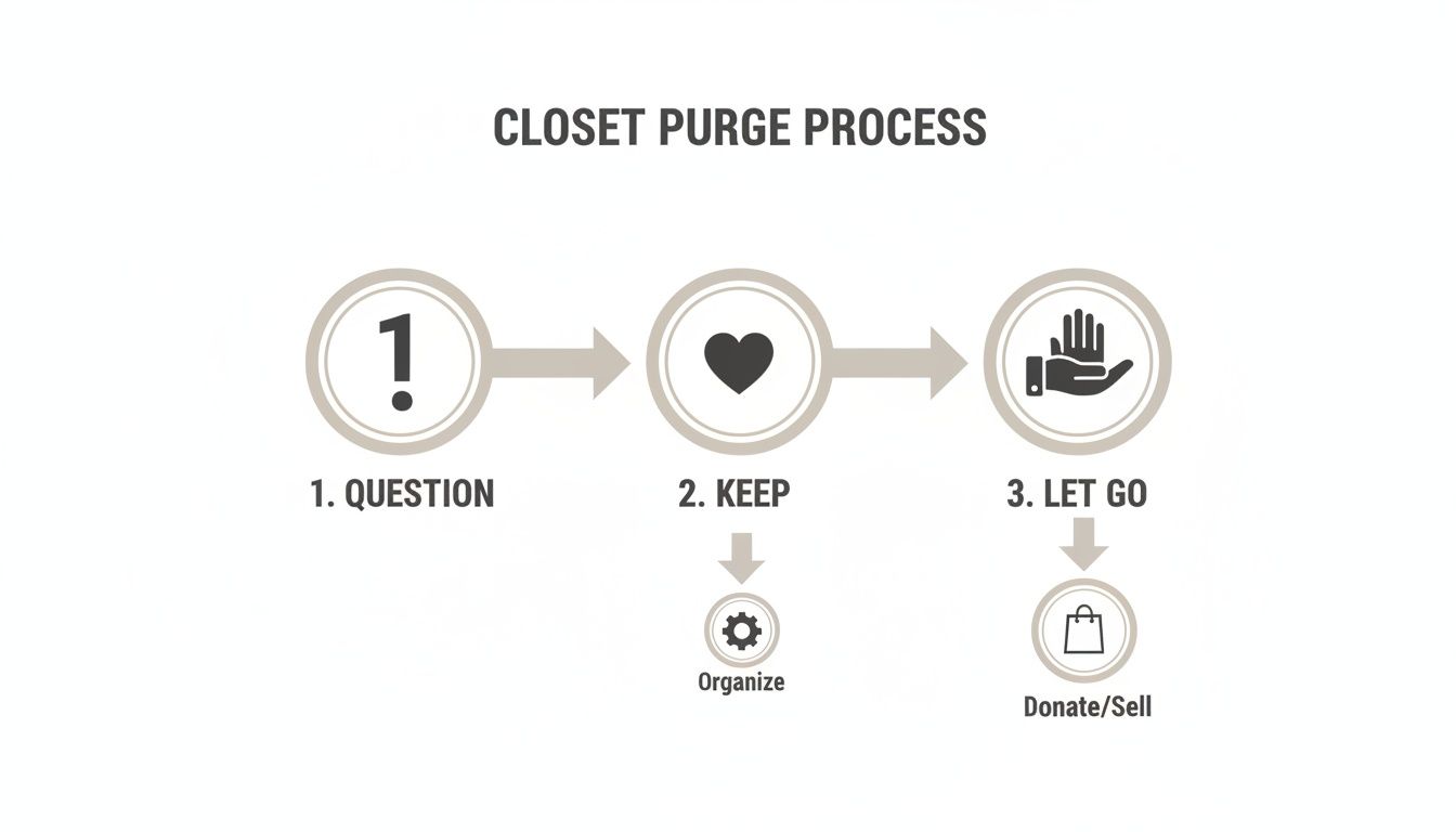 Infographic illustrating a 3-step closet purge process: question, keep, and let go, with options to organize or donate/sell.