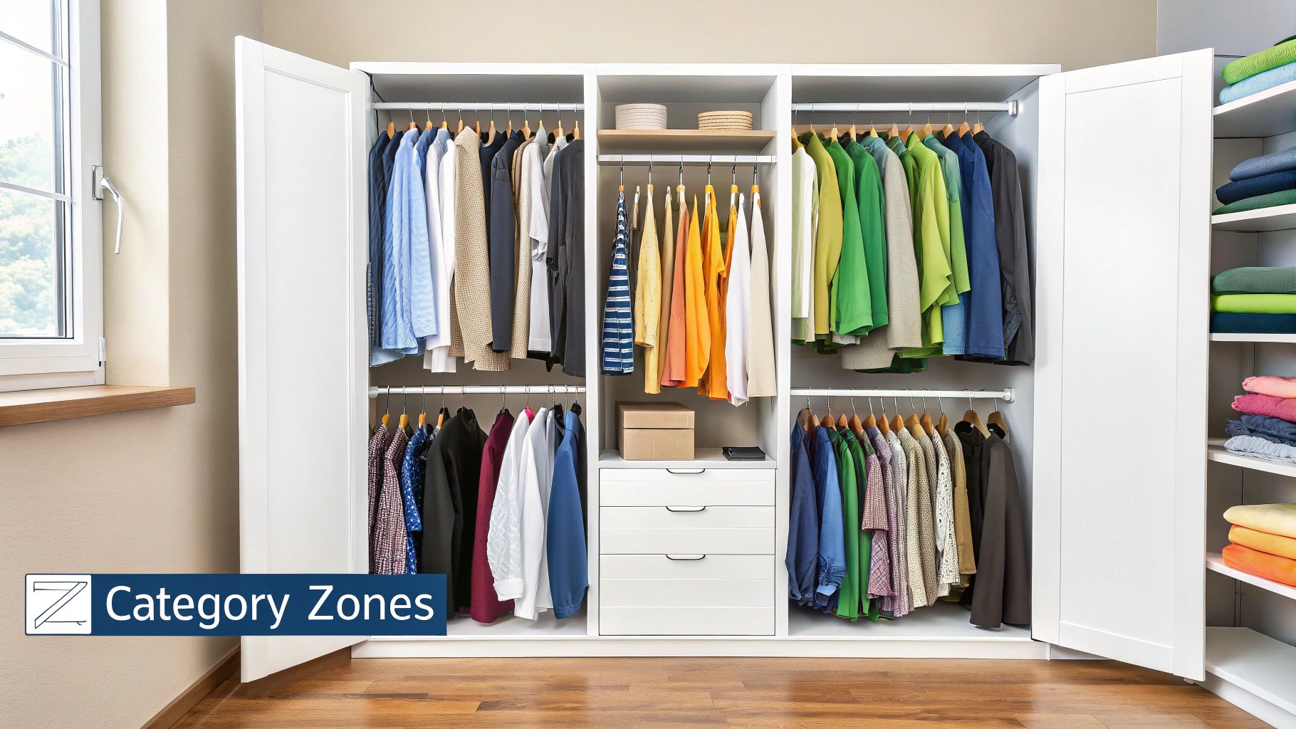 Well-organized closet with clothes neatly categorized and hung.