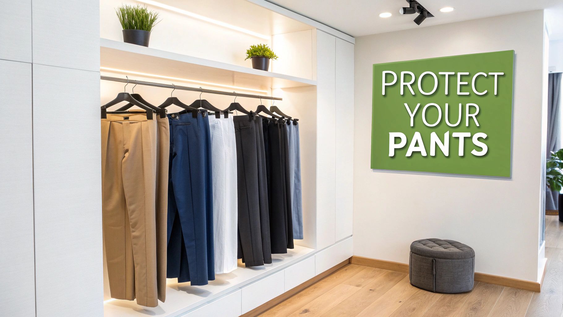 Woman smiling while organizing dress pants in her closet