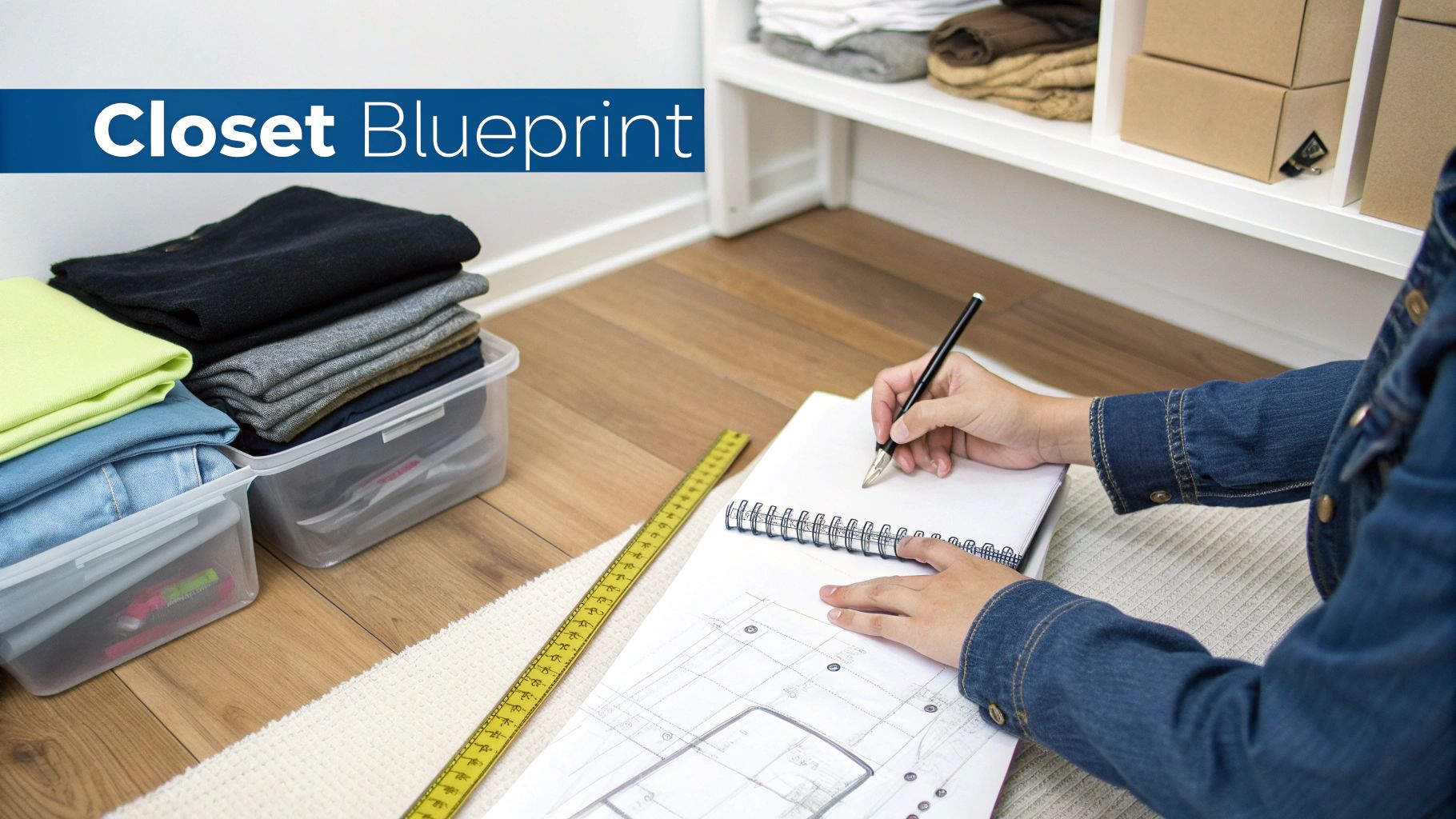 A person sketches a closet blueprint on paper, surrounded by neatly organized clothes and a tape measure.
