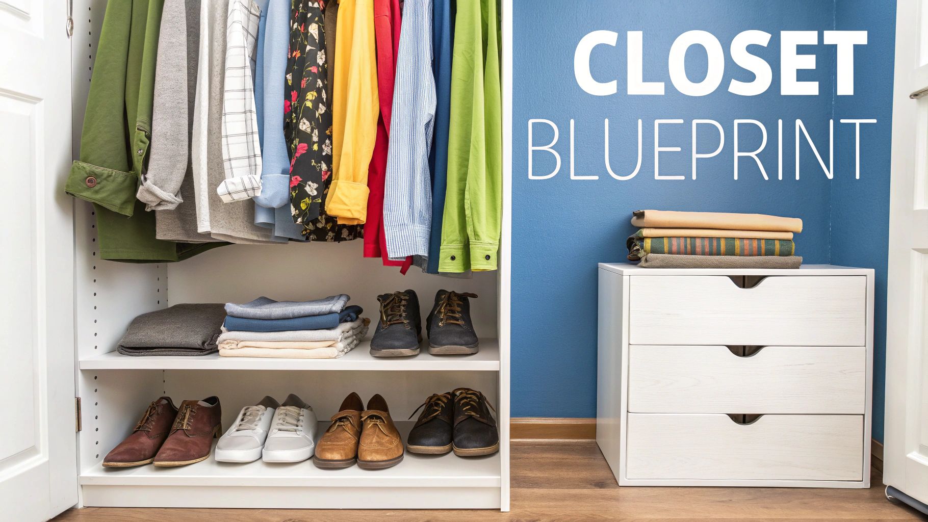 An organized white closet with hanging clothes, folded items, and shoes, next to a dresser.