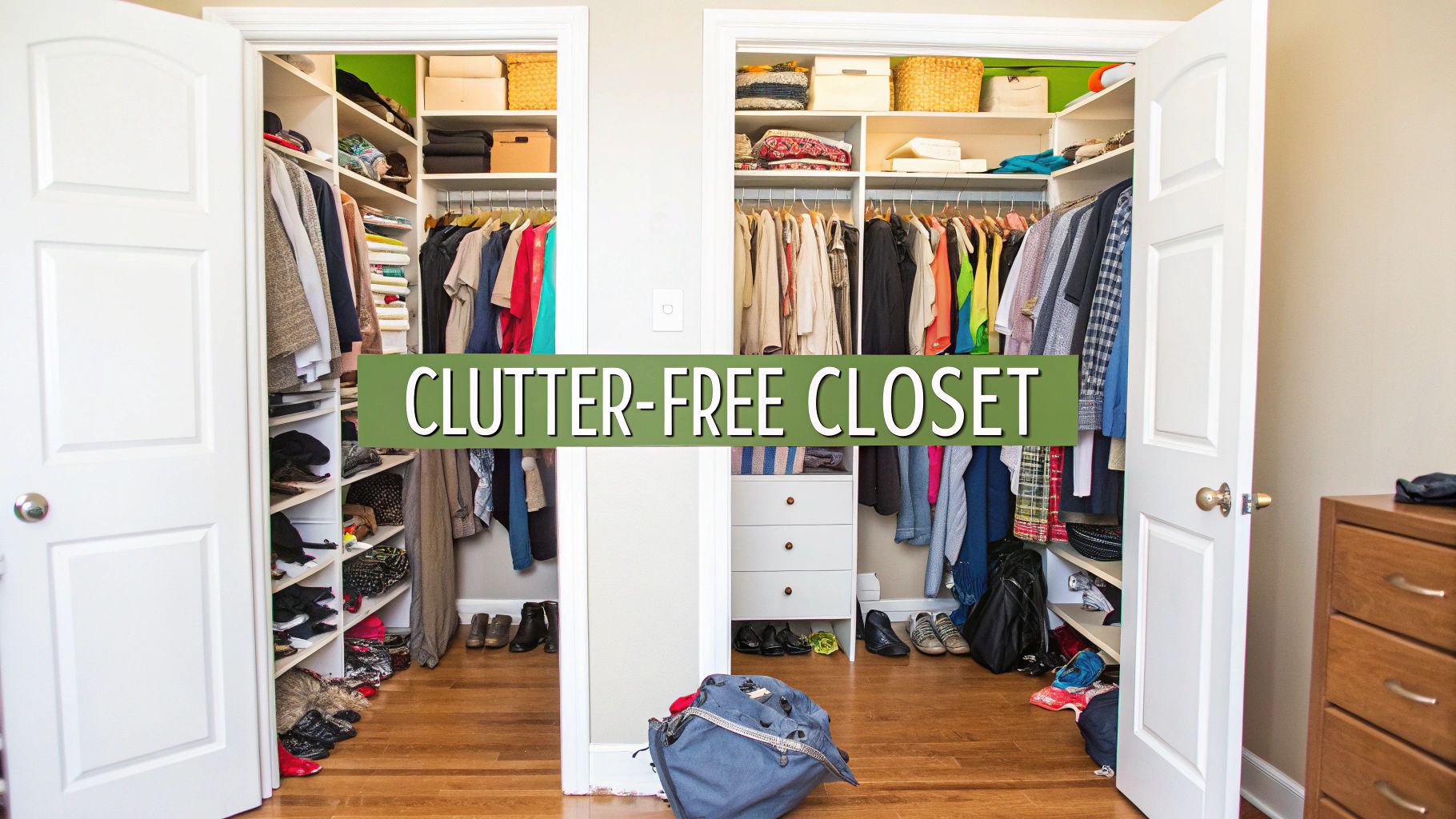 Two open, organized closets displaying a variety of hanging clothes, folded items, shoes, and storage boxes.