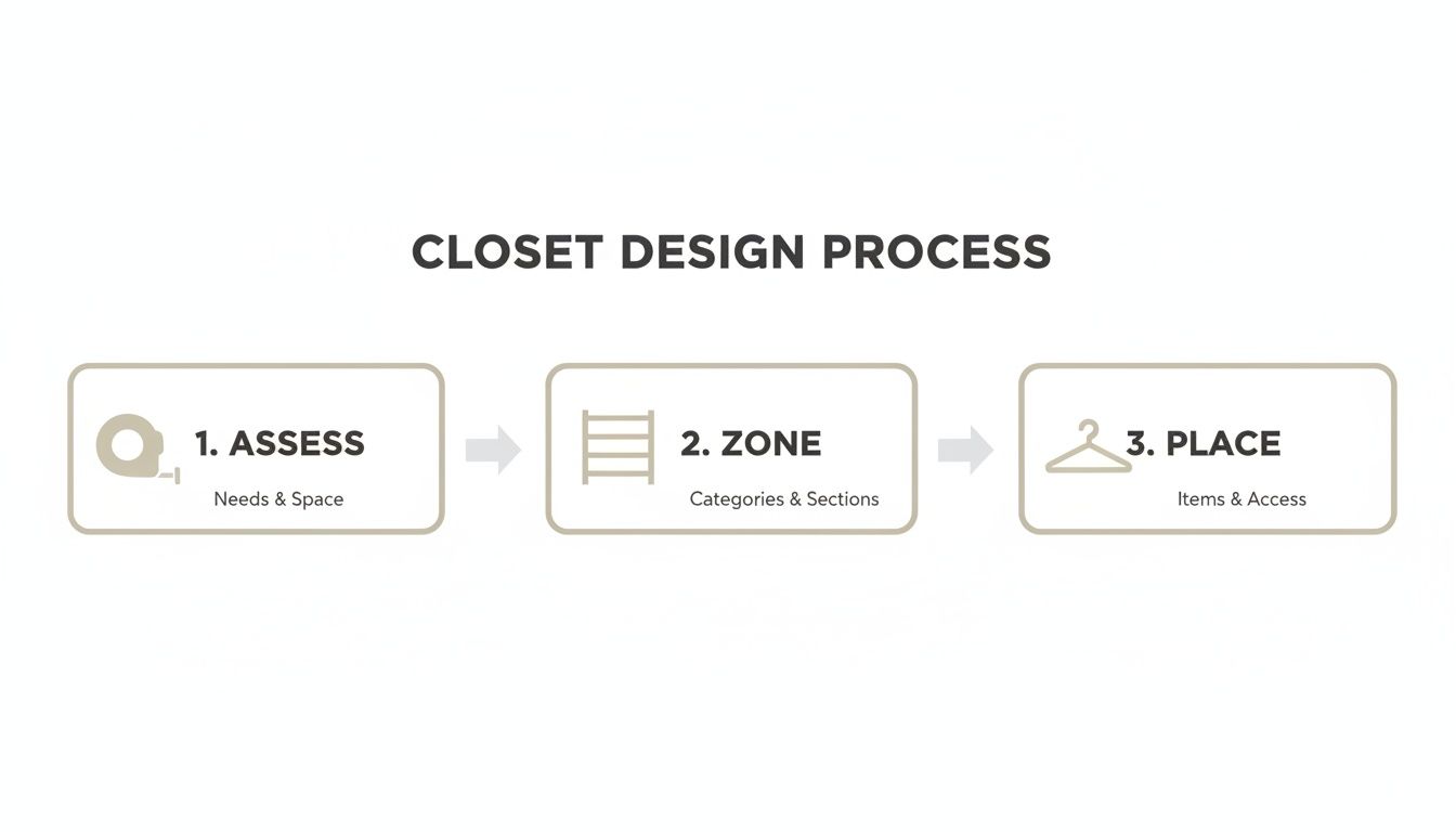 A three-step closet design process flowchart: Assess needs, Zone categories, and Place items for easy access.