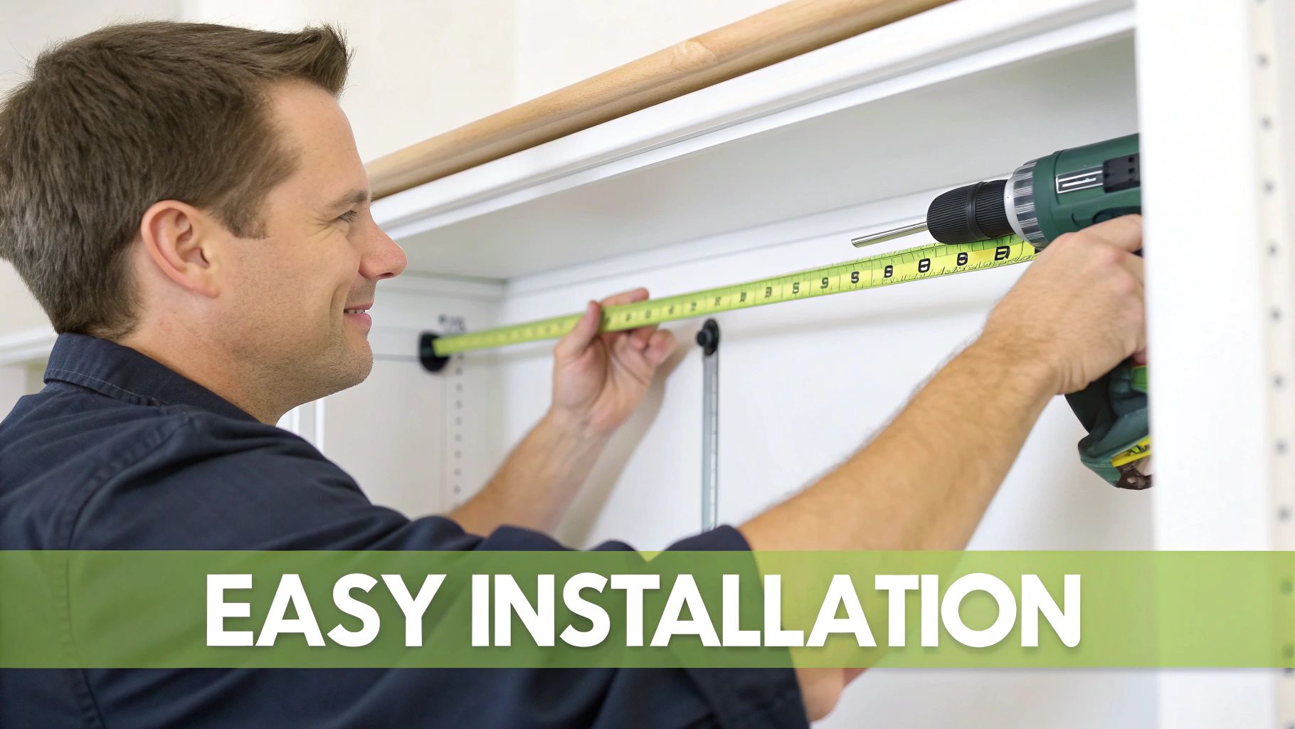 Man installing a closet rod in a well-organized closet.