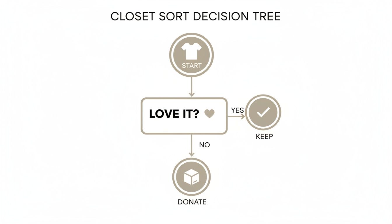 A minimalist flowchart for decluttering a closet, guiding decisions to keep or donate clothing.