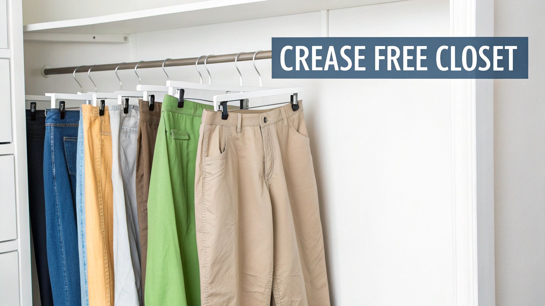 A neatly organized closet with pants hanging on specialized hangers