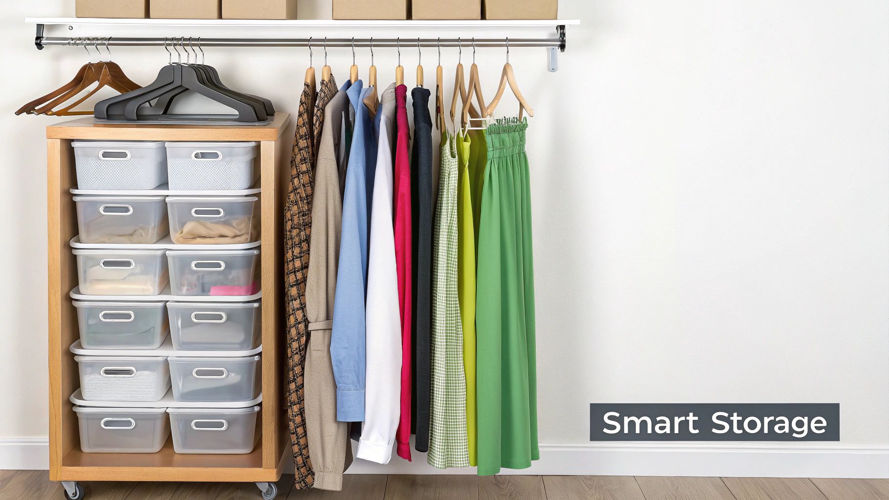 Smart storage solutions in a small organized closet featuring hanging clothes, hangers, and clear bins.