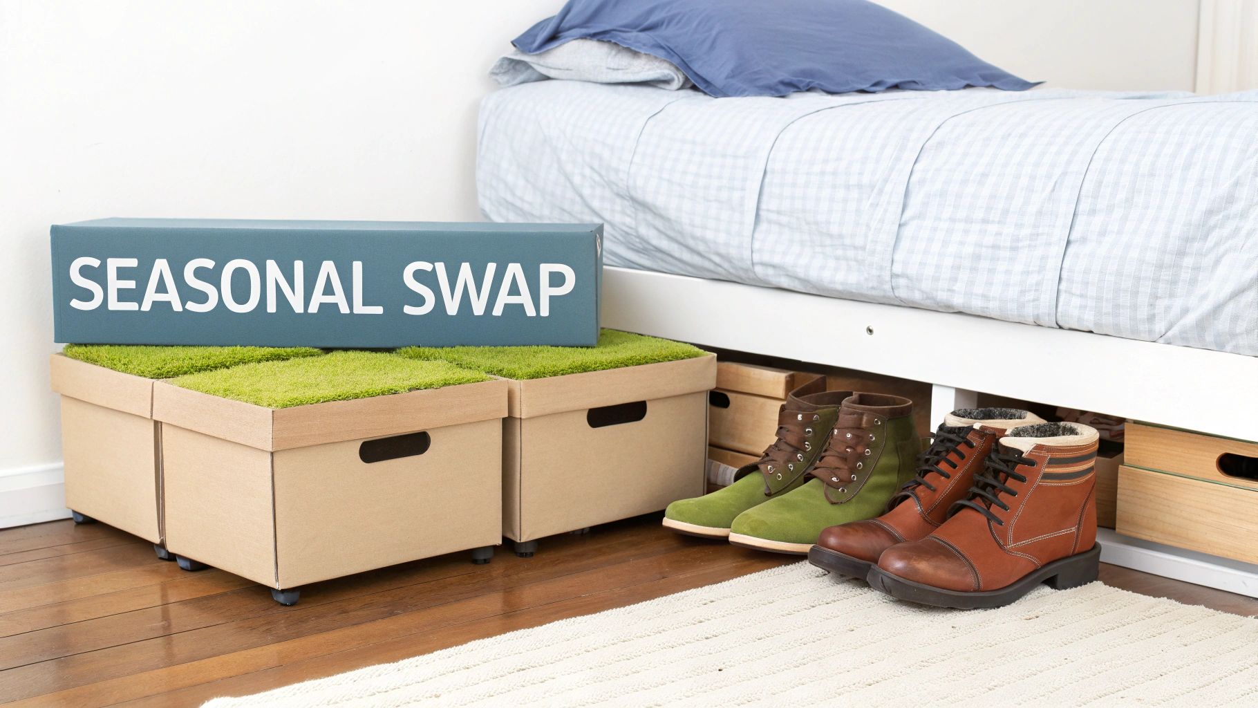 Under-bed storage with 'SEASONAL SWAP' box, decorative moss, and two pairs of winter boots.