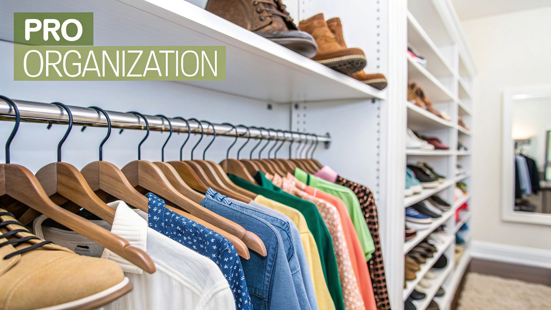 A neatly organized walk-in closet featuring hanging clothes, shoes on shelves, and 'PRO ORGANIZATION' text.