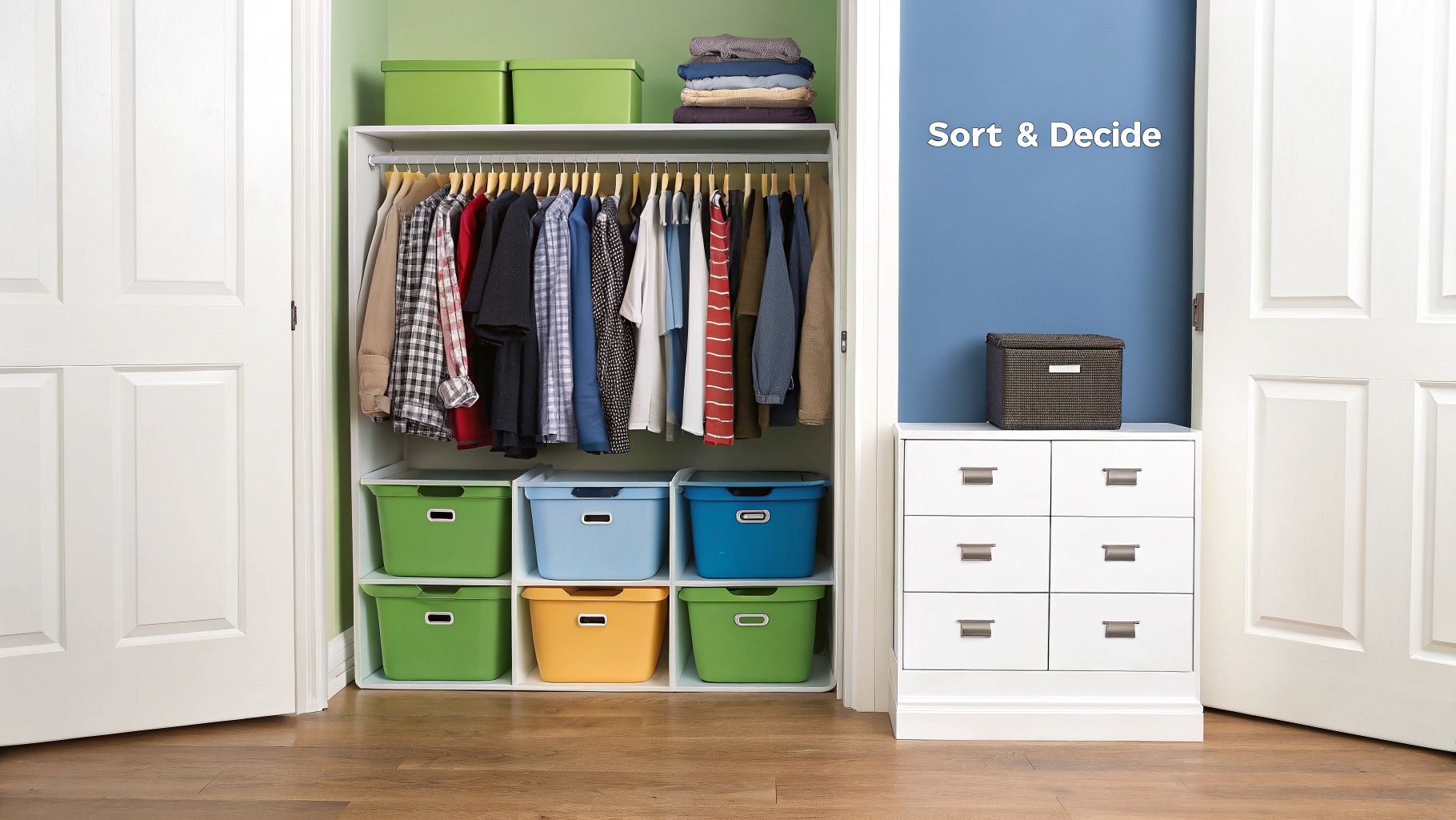 Four organized bins labeled Keep, Donate, and Discard, used for decluttering clothes.
