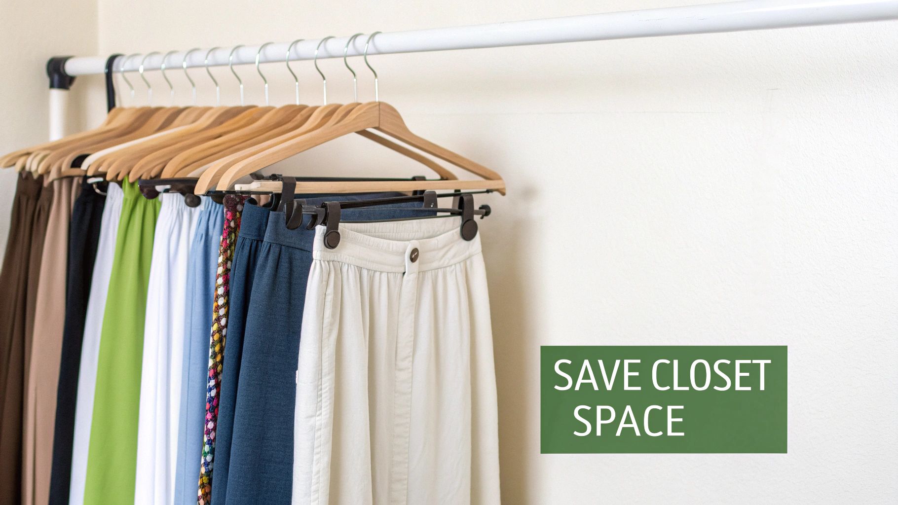 Several skirts hanging on a tiered, waterfall-style hanger, showcasing vertical closet organization.