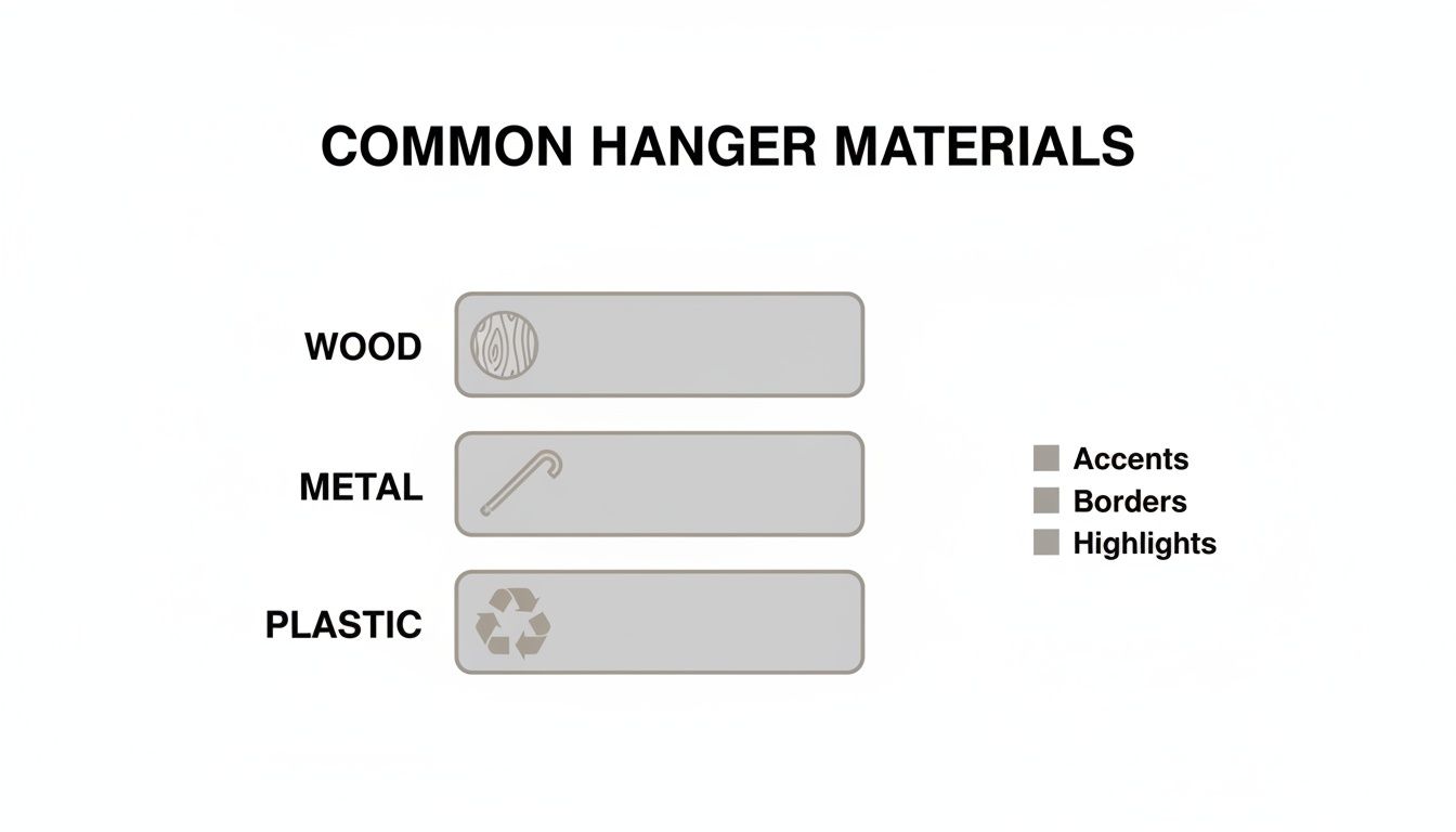 Diagram illustrating common hanger materials: wood, metal, and plastic, with a color legend.