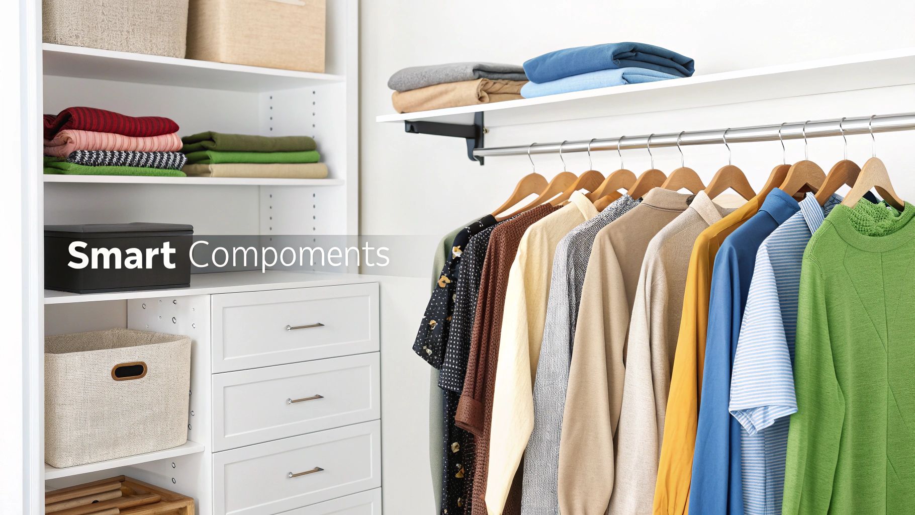A well-organized closet system with neatly folded clothes and hanging items.