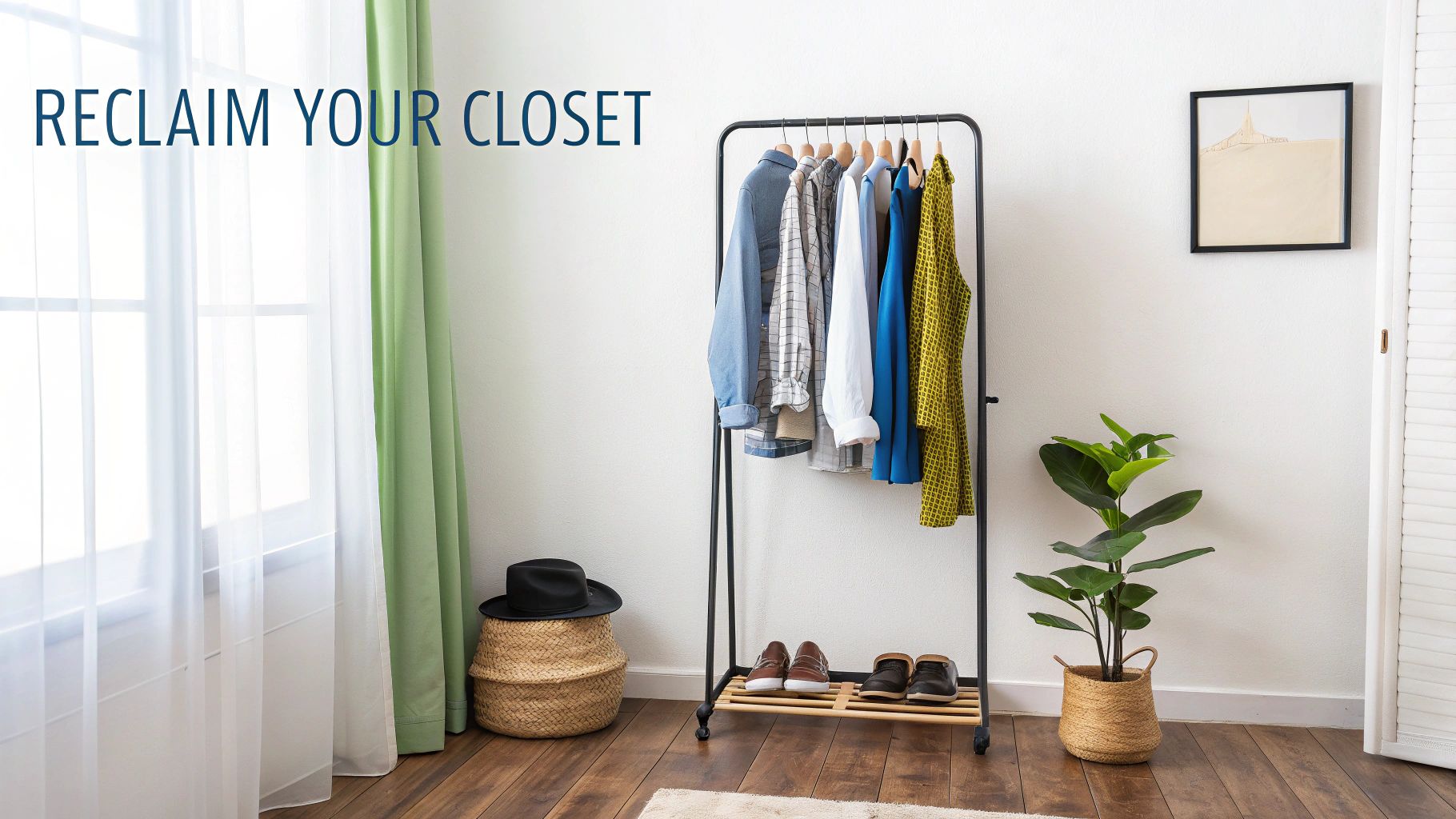A narrow garment rack with neatly organized clothes in a stylish bedroom.